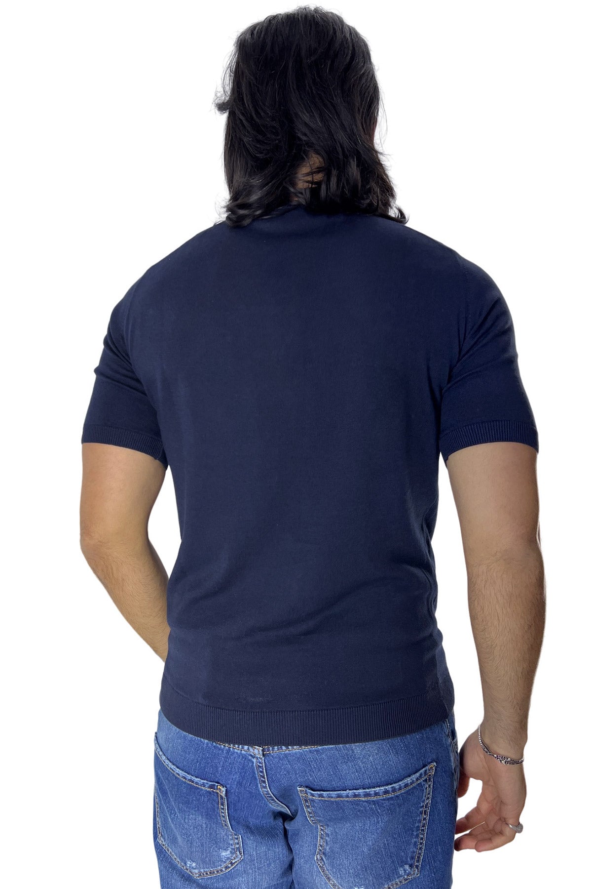 Maglioncino da uomo navy blu mezze maniche 100% cotone di filo finezza 14 tinta unita
