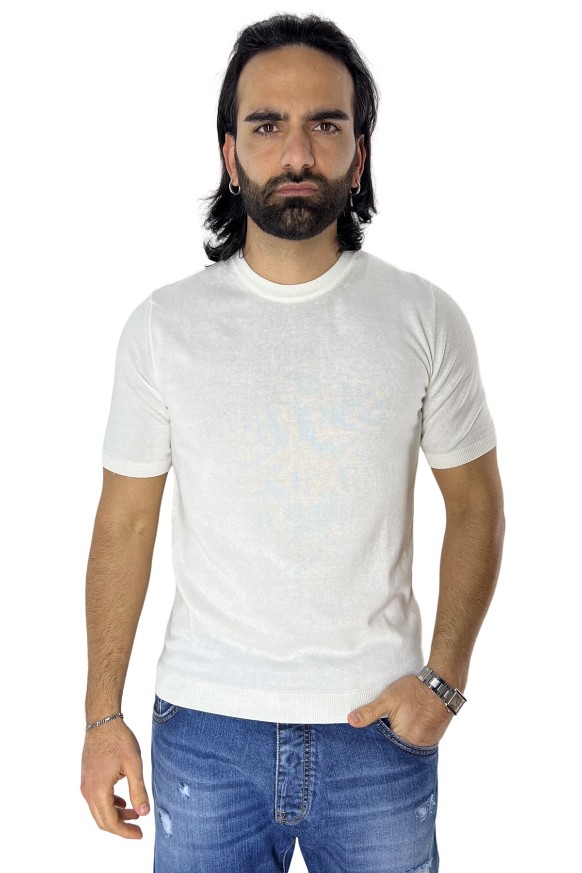 Maglioncino da uomo bianco mezze maniche 100% cotone di filo finezza 14 tinta unita
