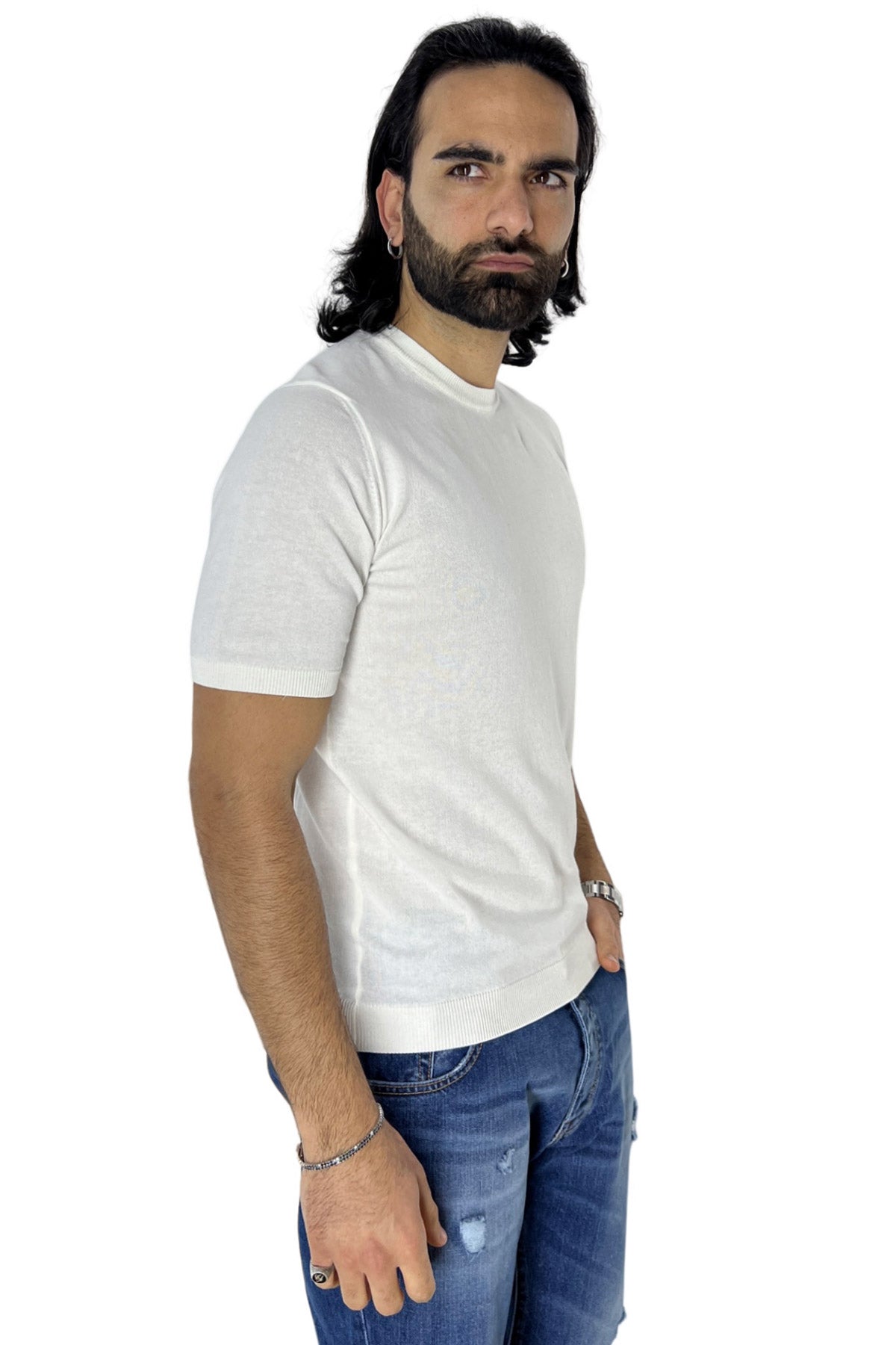 Maglioncino da uomo bianco mezze maniche 100% cotone di filo finezza 14 tinta unita