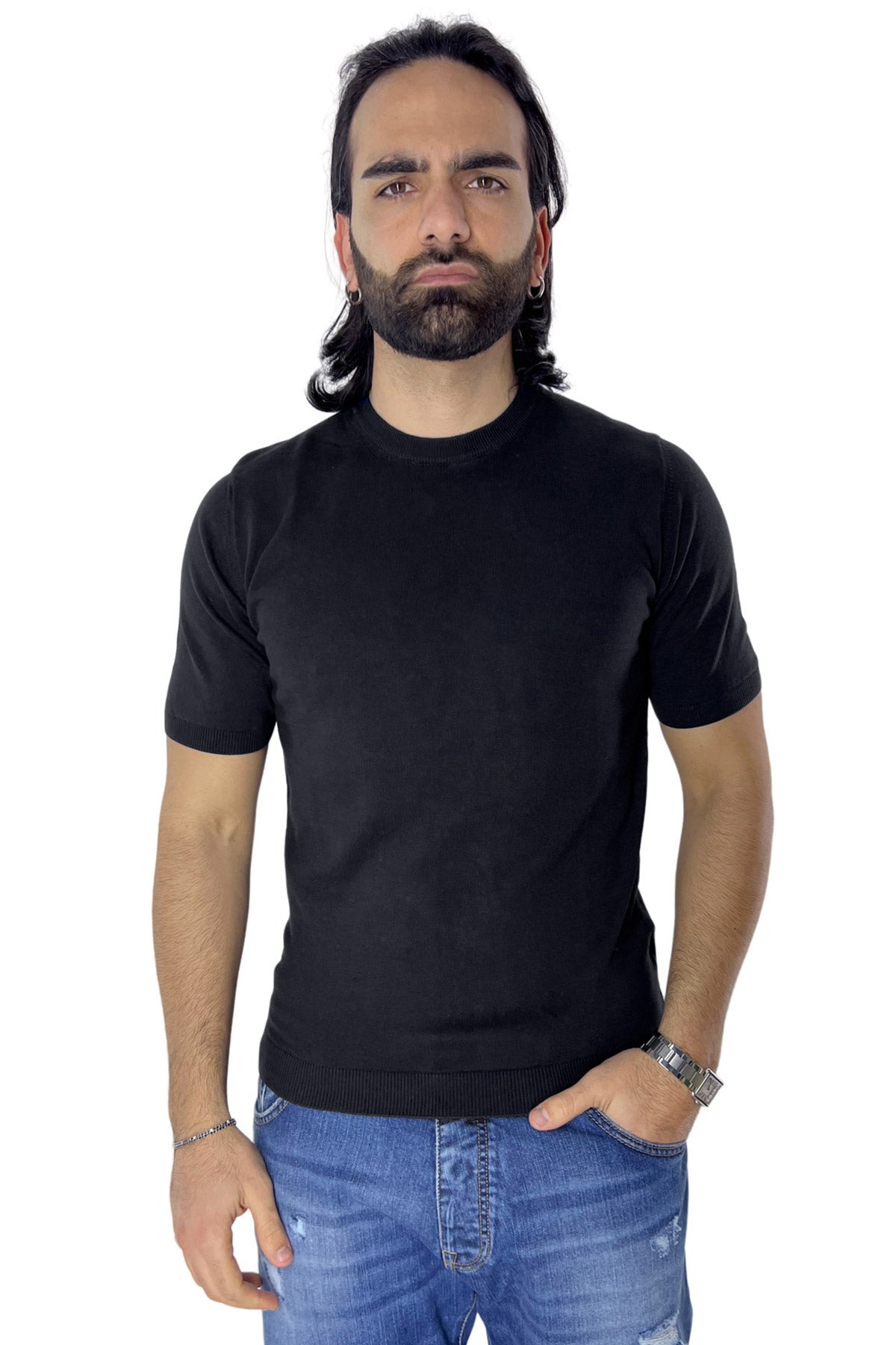 Maglioncino da uomo nero mezze maniche 100% cotone di filo finezza 14 tinta unita