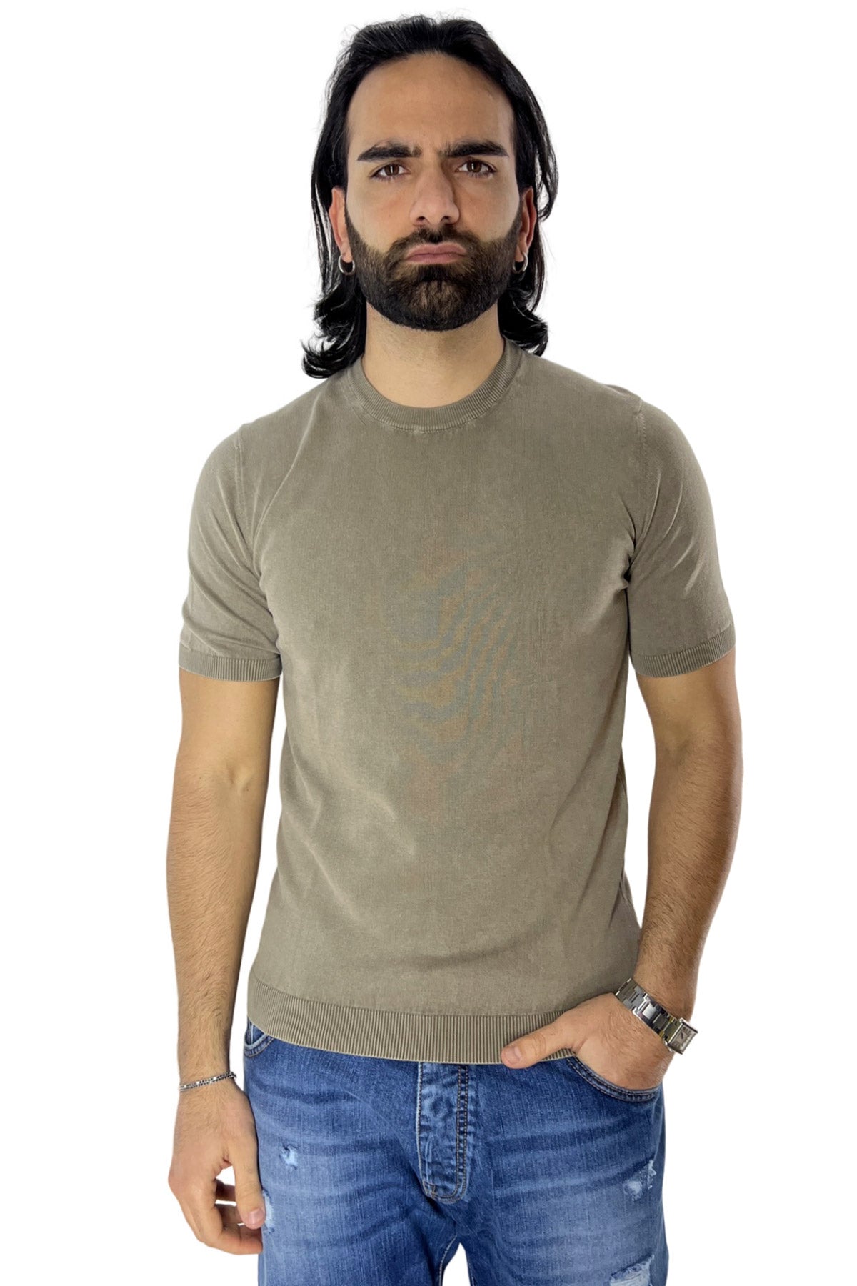 Maglioncino da uomo fango mezze maniche 100% cotone stone wash di filo finezza 14 tinta unita