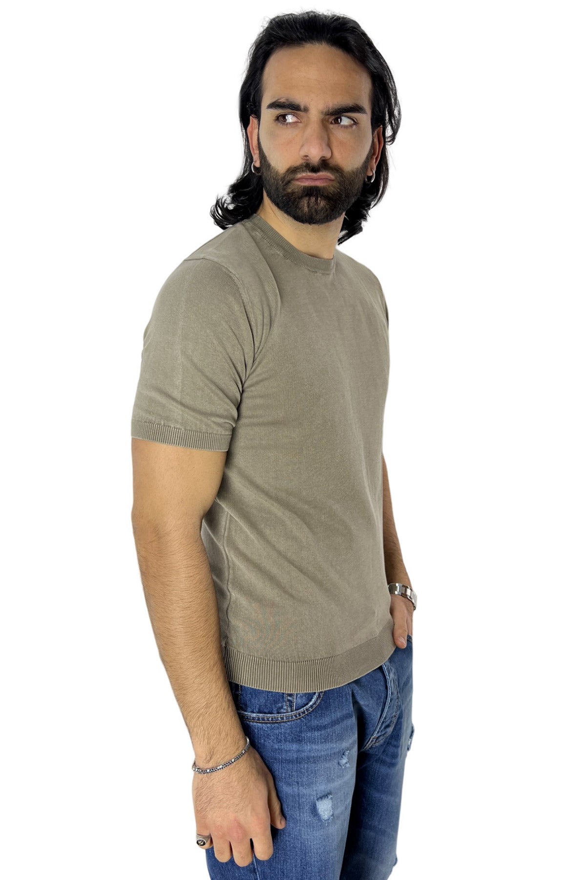 Maglioncino da uomo fango mezze maniche 100% cotone stone wash di filo finezza 14 tinta unita