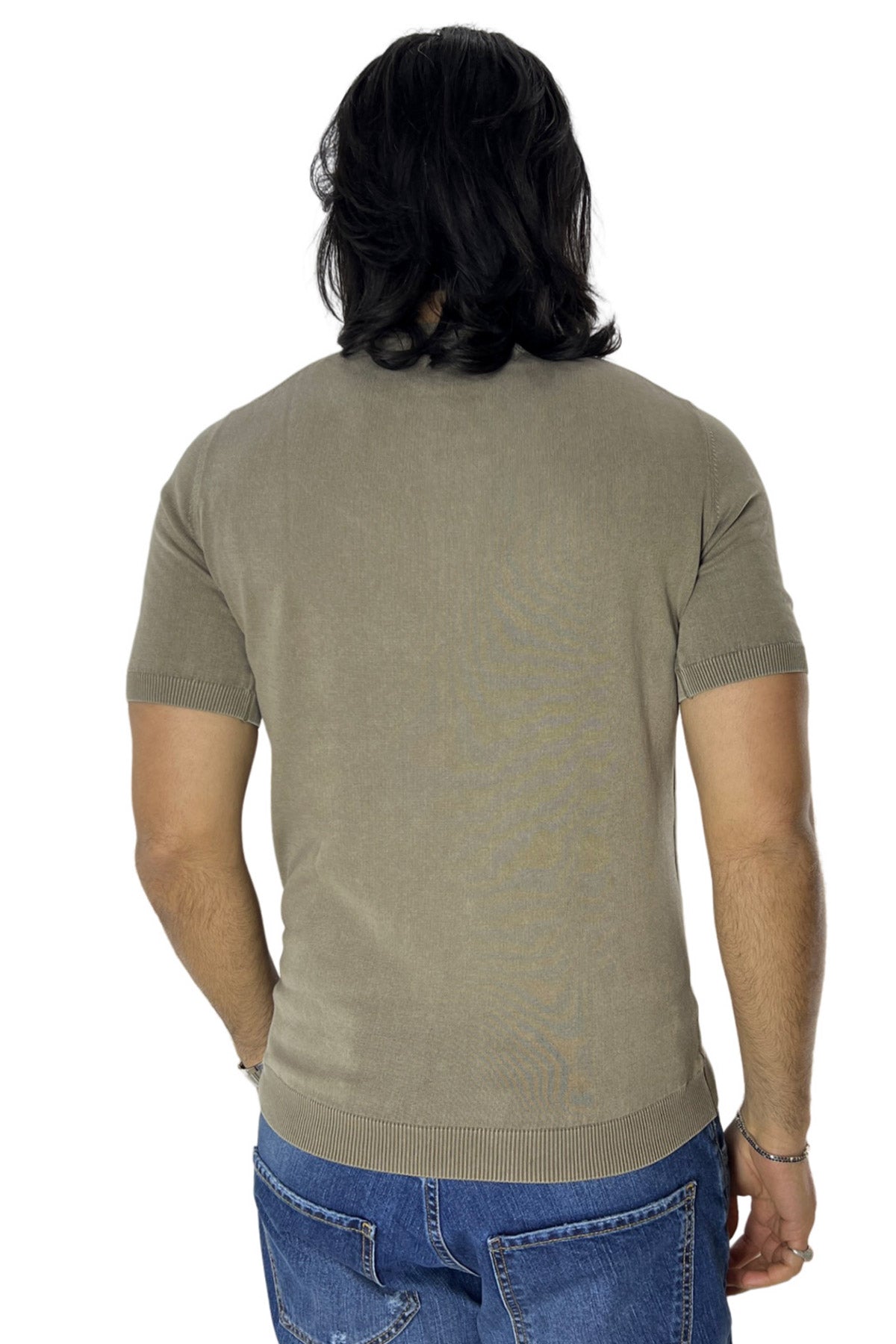 Maglioncino da uomo fango mezze maniche 100% cotone stone wash di filo finezza 14 tinta unita