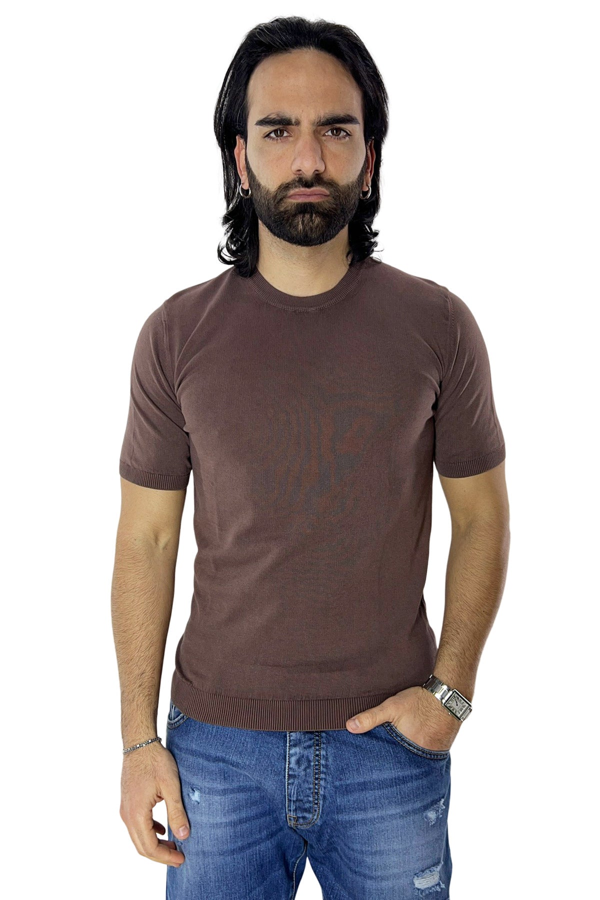 Maglioncino da uomo Marrone mezze maniche 100% cotone stone wash di filo finezza 14 tinta unita
