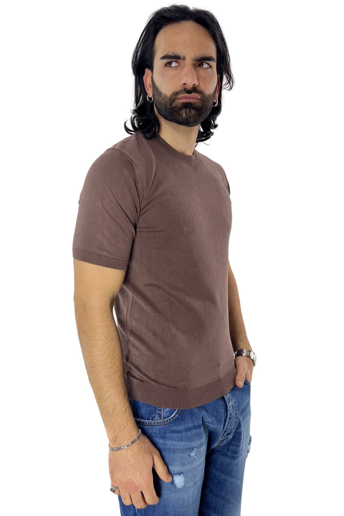 Maglioncino da uomo Marrone mezze maniche 100% cotone stone wash di filo finezza 14 tinta unita