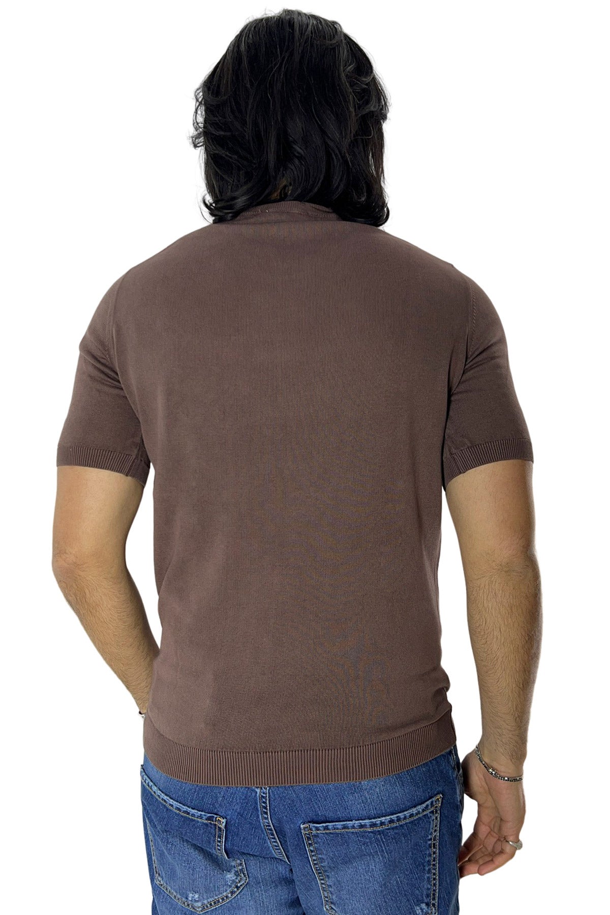 Maglioncino da uomo Marrone mezze maniche 100% cotone stone wash di filo finezza 14 tinta unita