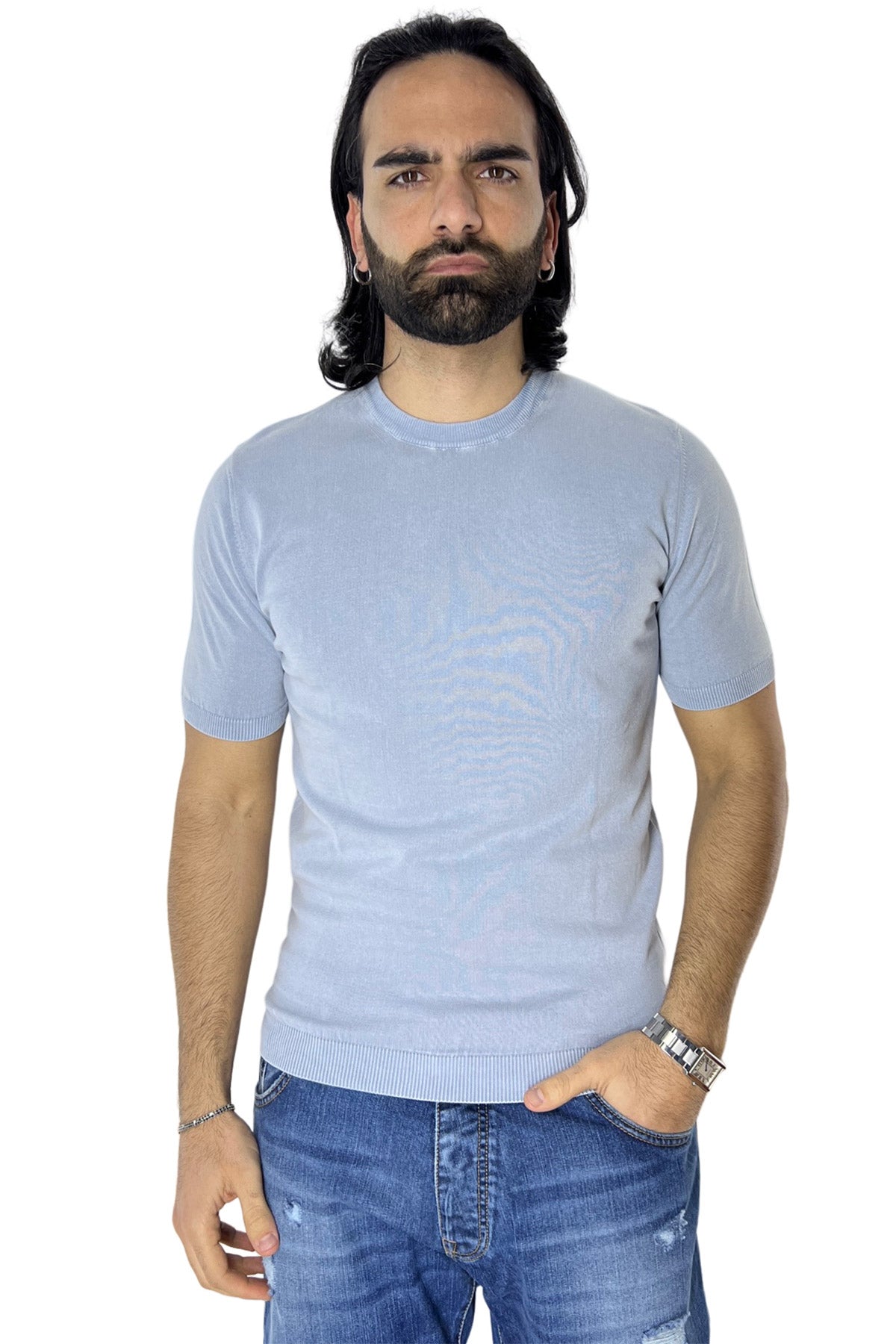 Maglioncino da uomo Celeste mezze maniche 100% cotone stone wash di filo finezza 14 tinta unita