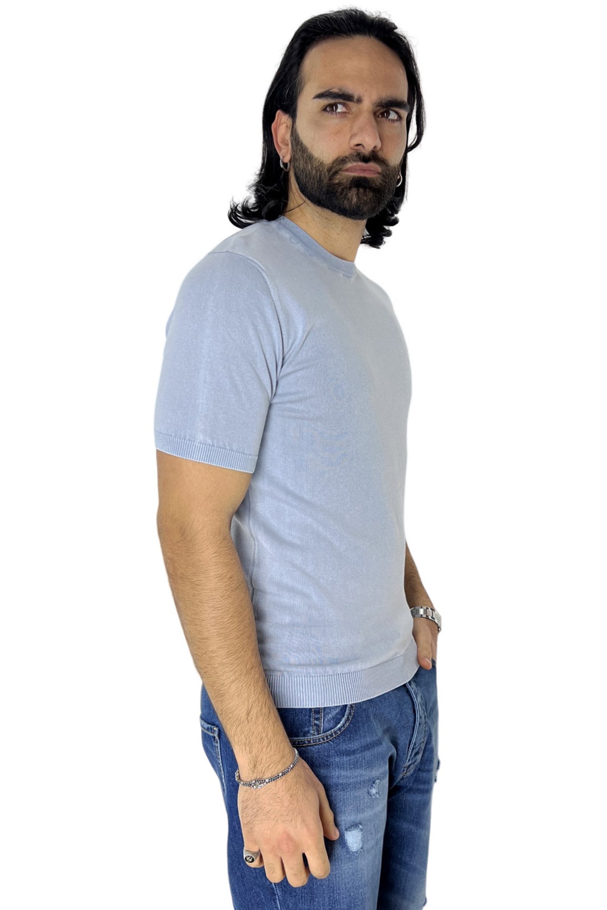 Maglioncino da uomo Celeste mezze maniche 100% cotone stone wash di filo finezza 14 tinta unita
