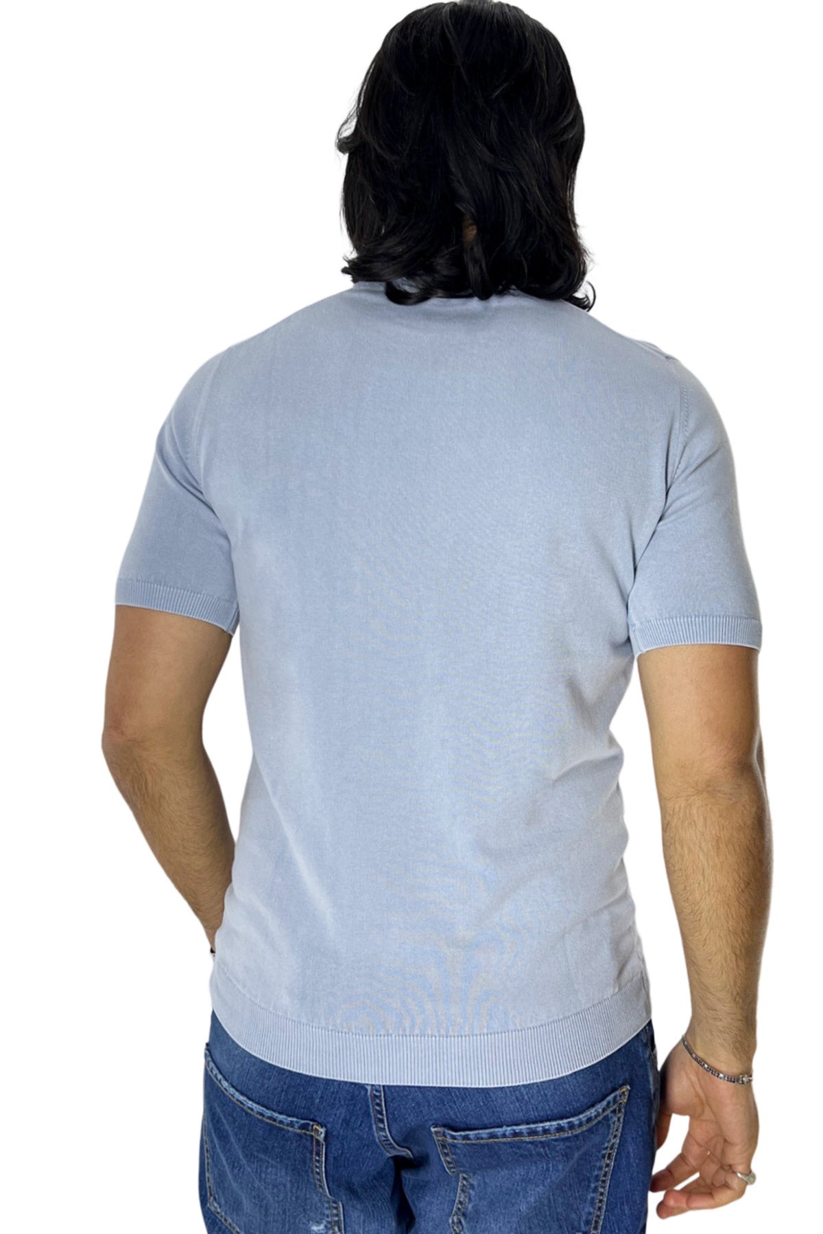 Maglioncino da uomo Celeste mezze maniche 100% cotone stone wash di filo finezza 14 tinta unita
