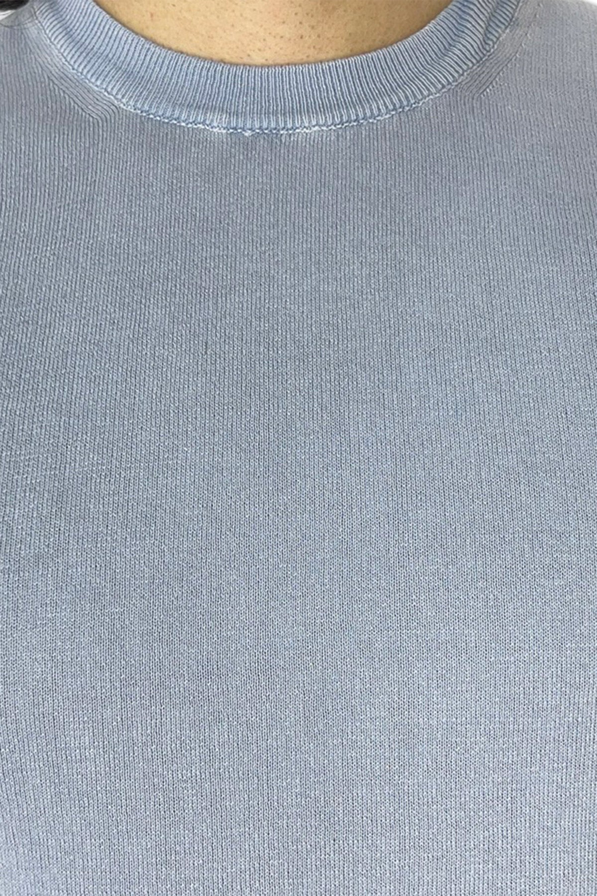Maglioncino da uomo Celeste mezze maniche 100% cotone stone wash di filo finezza 14 tinta unita