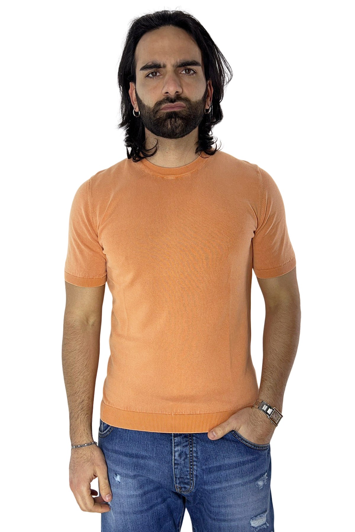 Maglioncino da uomo arancio mezze maniche 100% cotone stone wash di filo finezza 14 tinta unita
