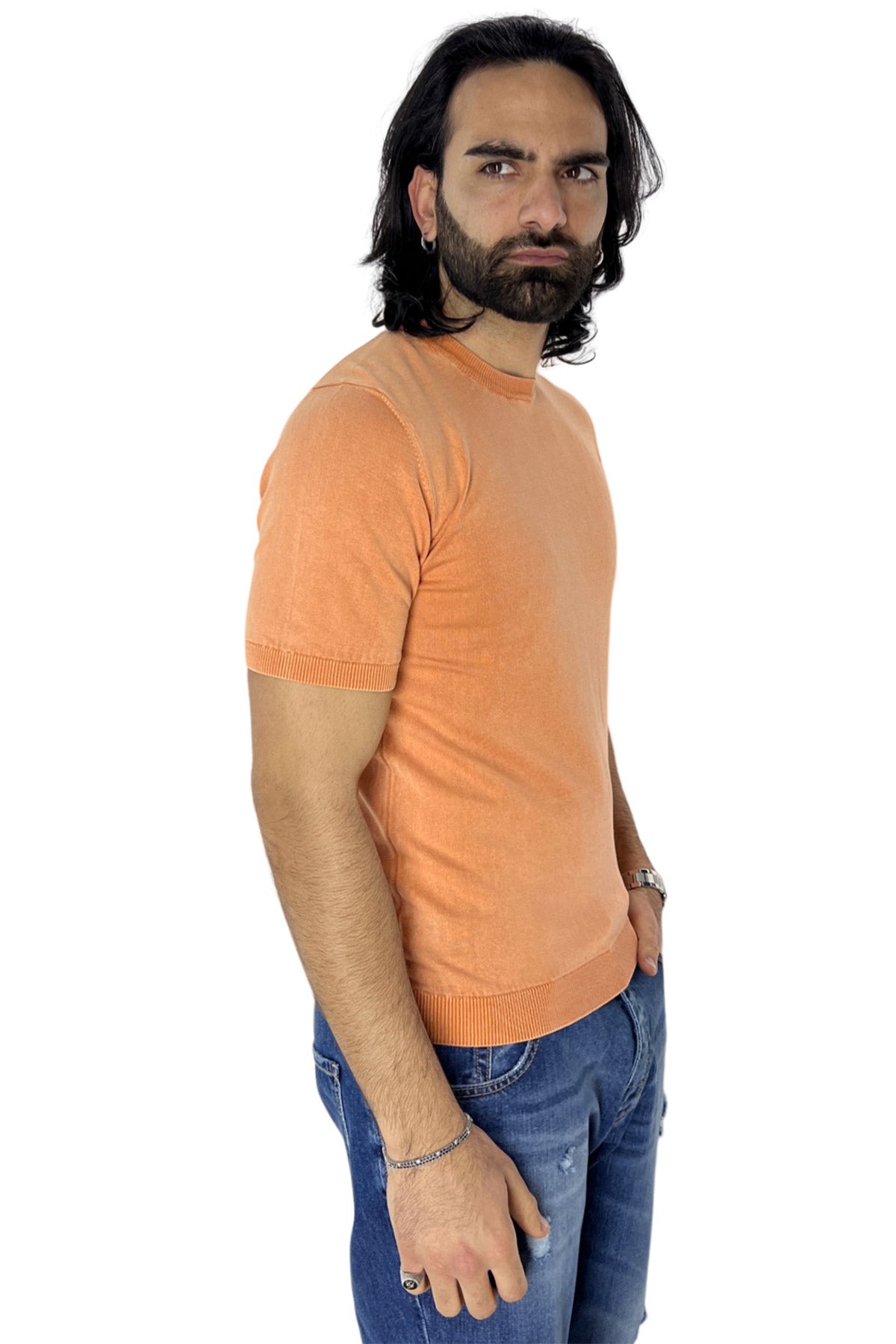 Maglioncino da uomo arancio mezze maniche 100% cotone stone wash di filo finezza 14 tinta unita