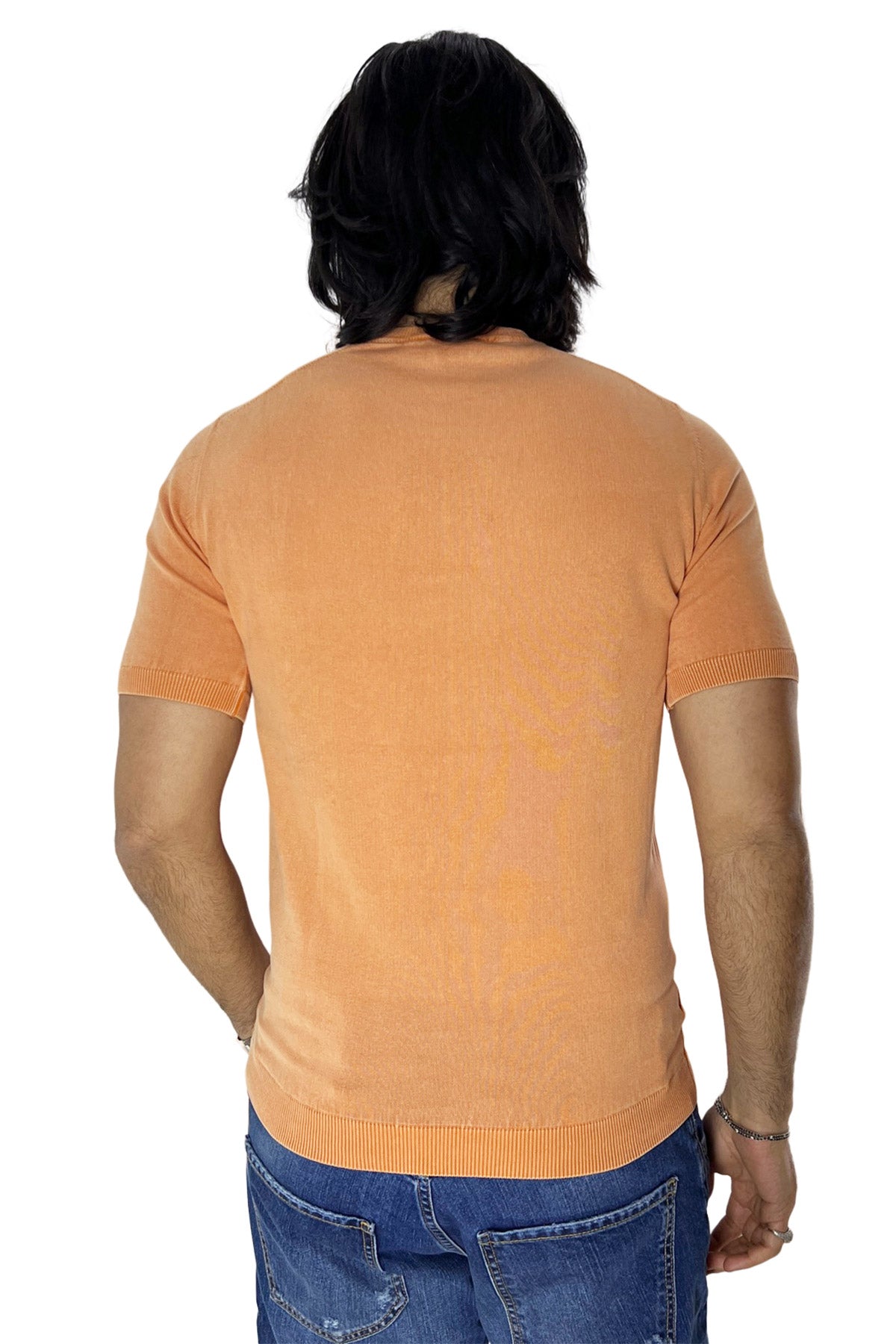 Maglioncino da uomo arancio mezze maniche 100% cotone stone wash di filo finezza 14 tinta unita