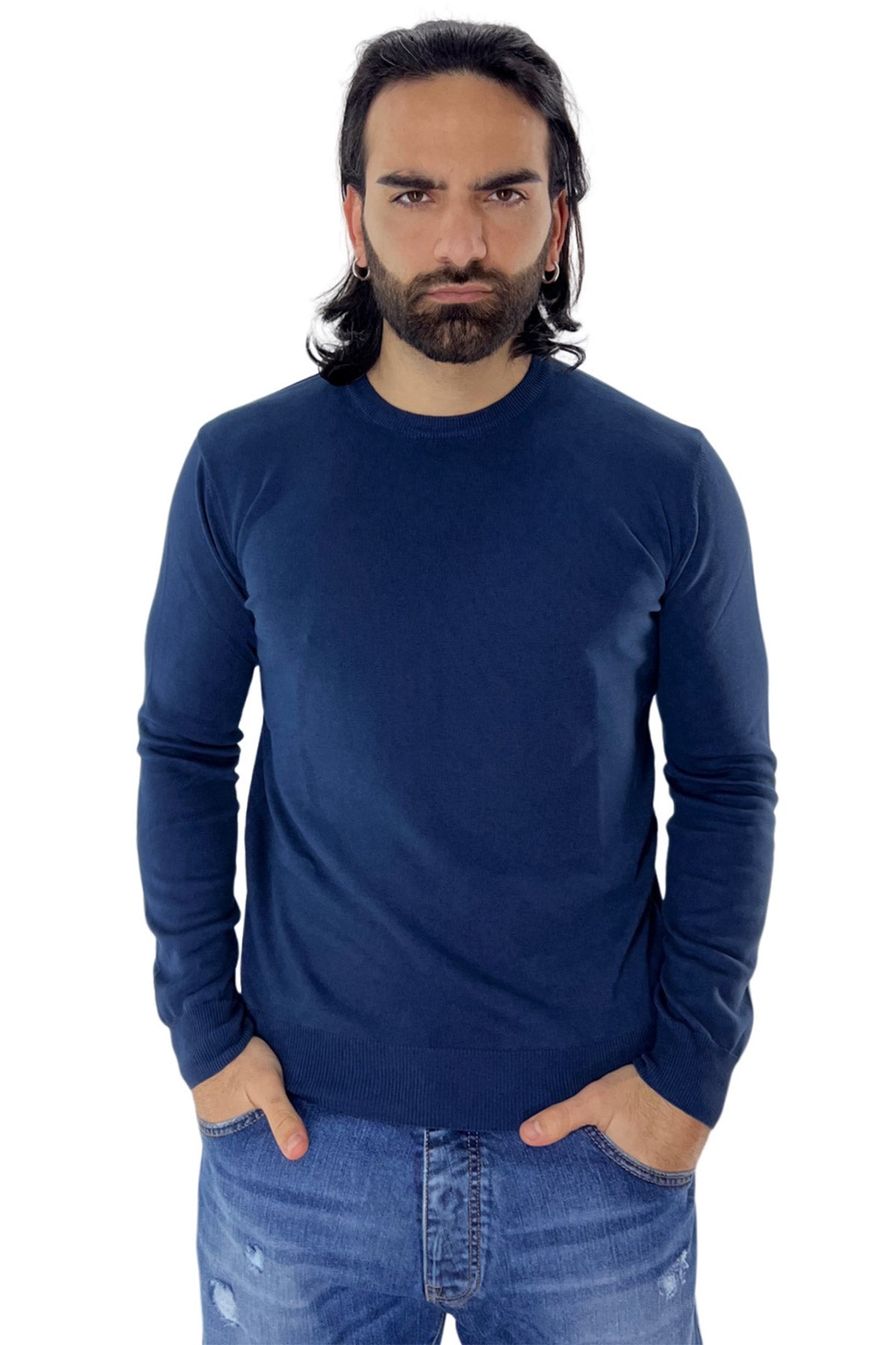 Maglioncino da uomo Navy blu maniche lunghe 100% cotone di filo tinta unita