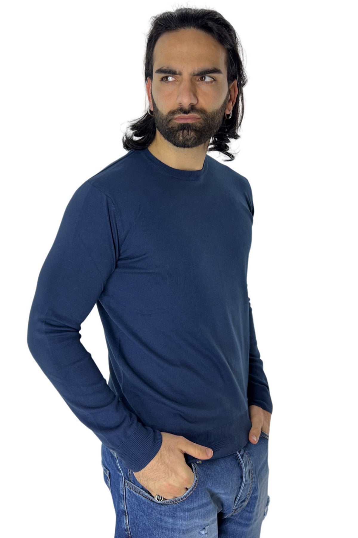 Maglioncino da uomo Navy blu maniche lunghe 100% cotone di filo tinta unita