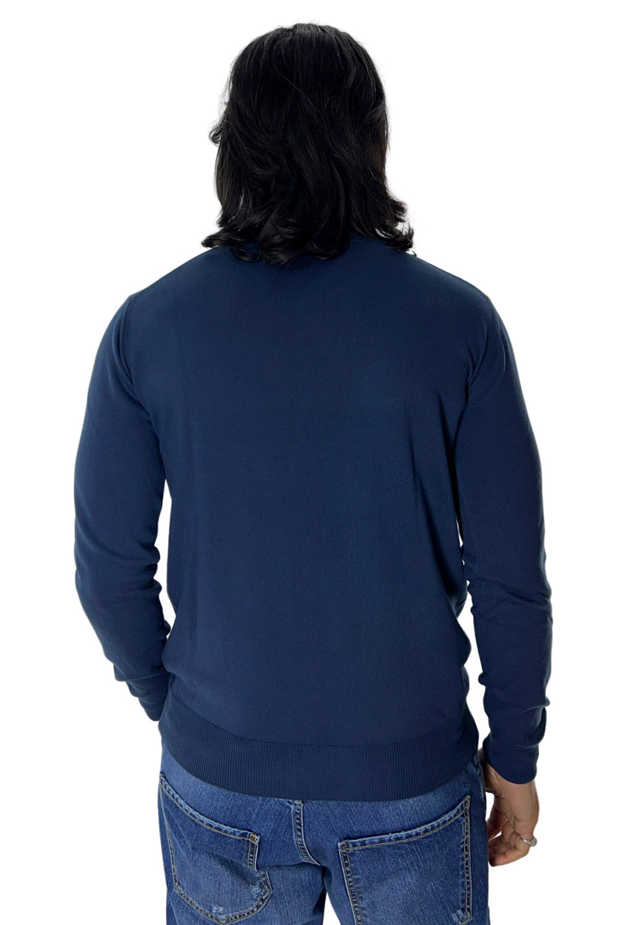 Maglioncino da uomo Navy blu maniche lunghe 100% cotone di filo tinta unita