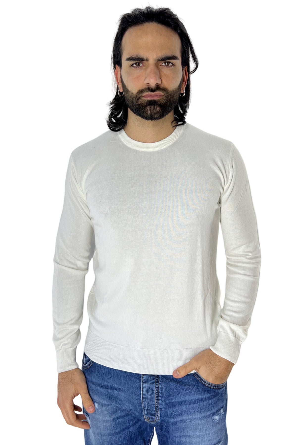Maglioncino da uomo Bianco maniche lunghe 100% cotone di filo tinta unita