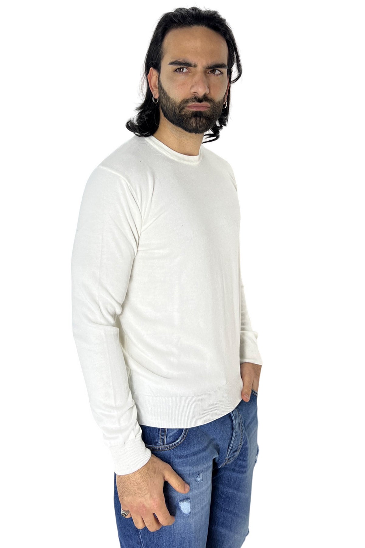 Maglioncino da uomo Bianco maniche lunghe 100% cotone di filo tinta unita