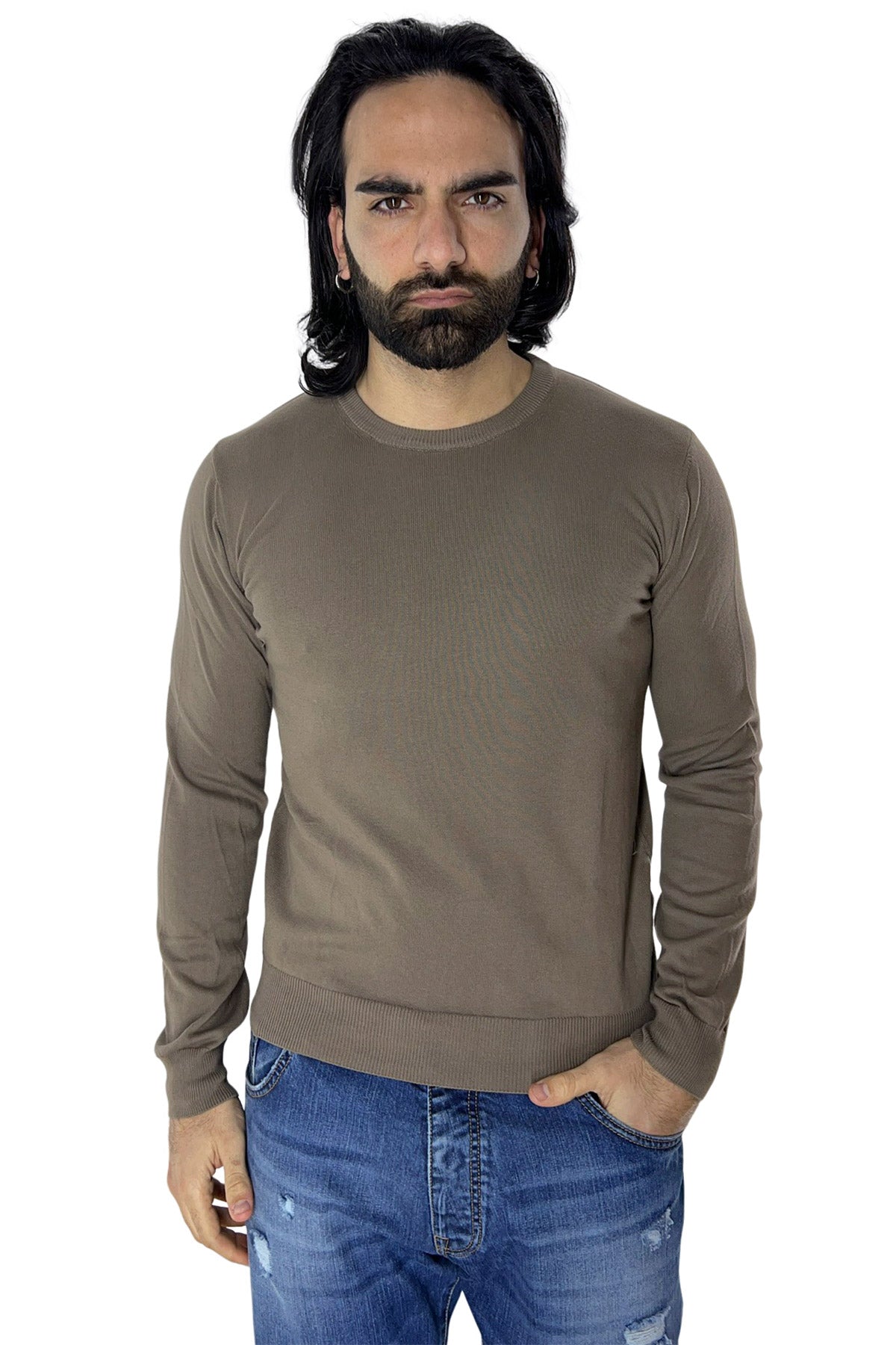 Maglioncino da uomo Fango maniche lunghe 100% cotone di filo tinta unita