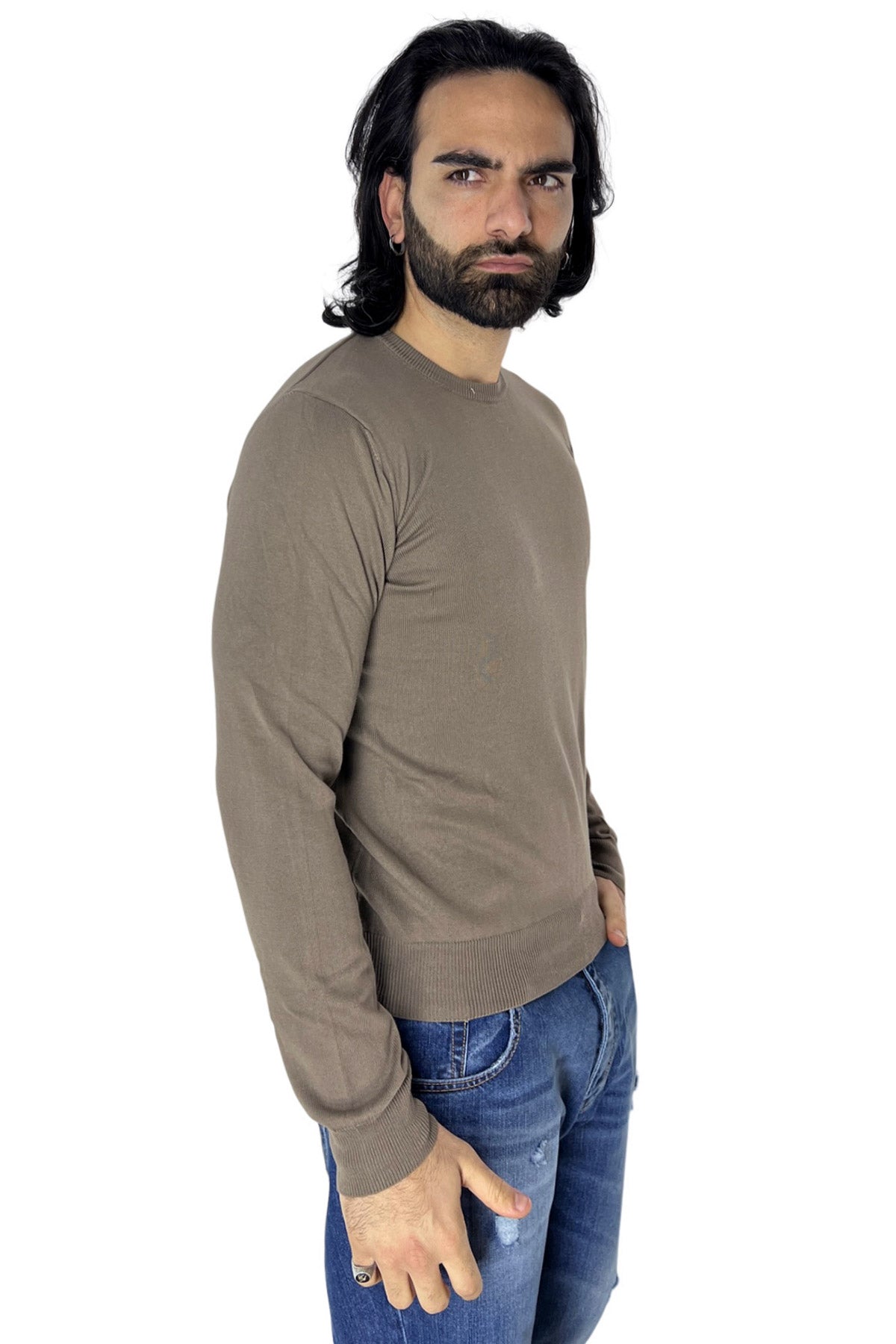Maglioncino da uomo Fango maniche lunghe 100% cotone di filo tinta unita