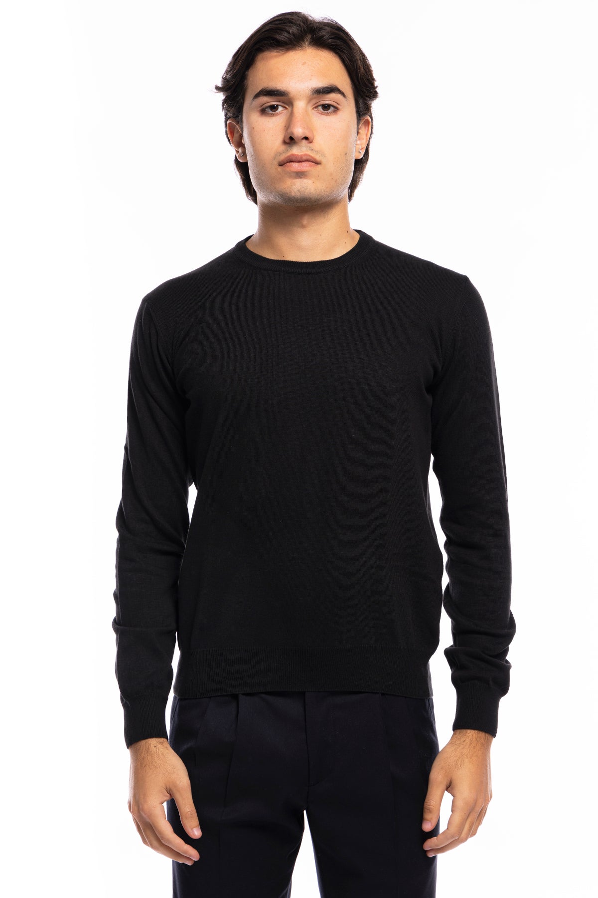 Maglioncino da uomo nero maniche lunghe 100% cotone di filo tinta unita