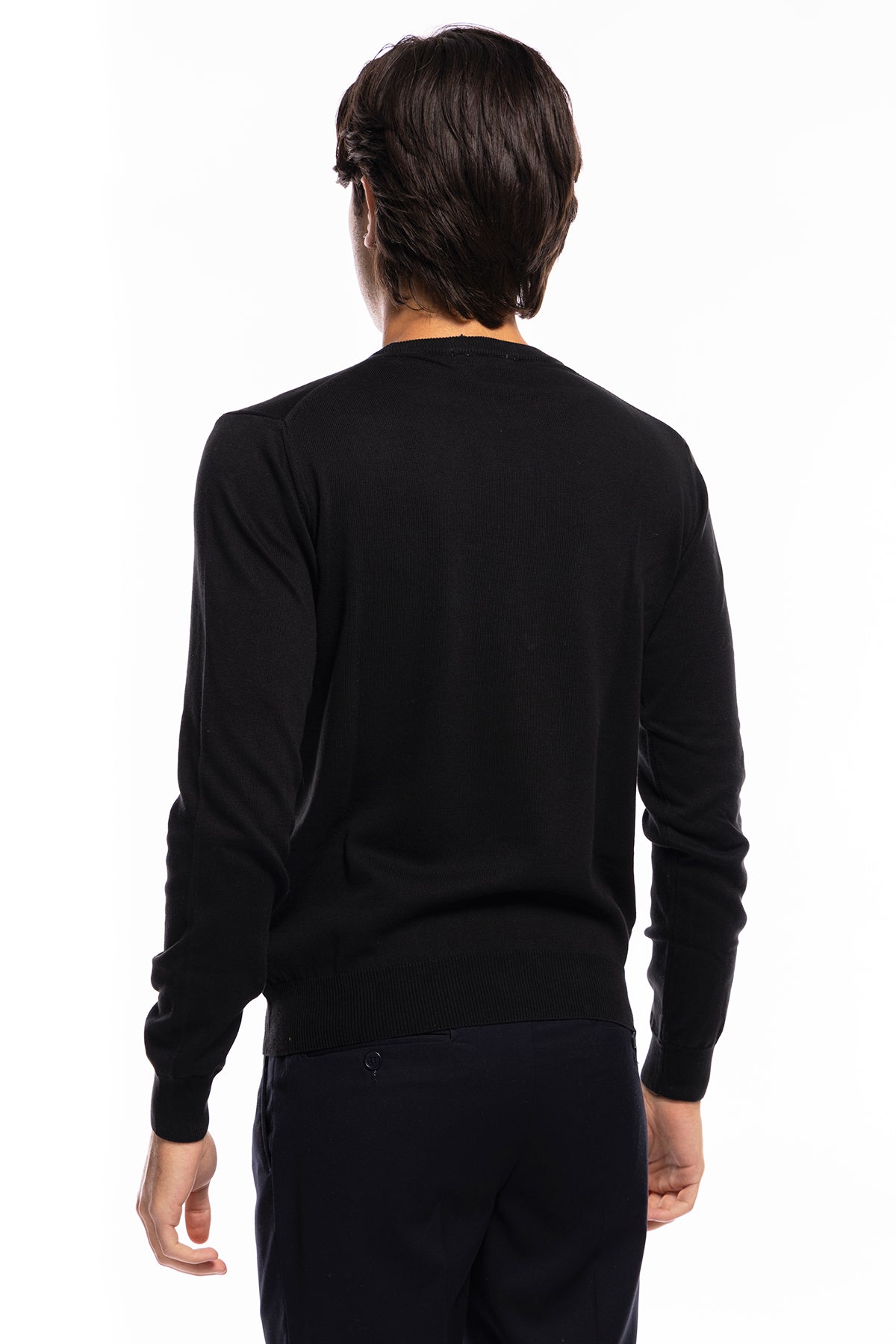 Maglioncino da uomo nero maniche lunghe 100% cotone di filo tinta unita