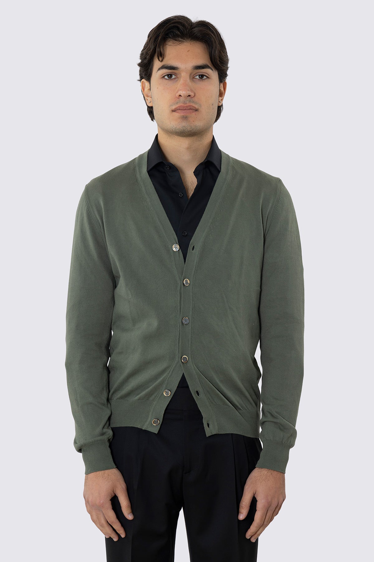 Cardigan da uomo Verde militare maniche lunghe 100% cotone di filo finezza 12 tinta unita