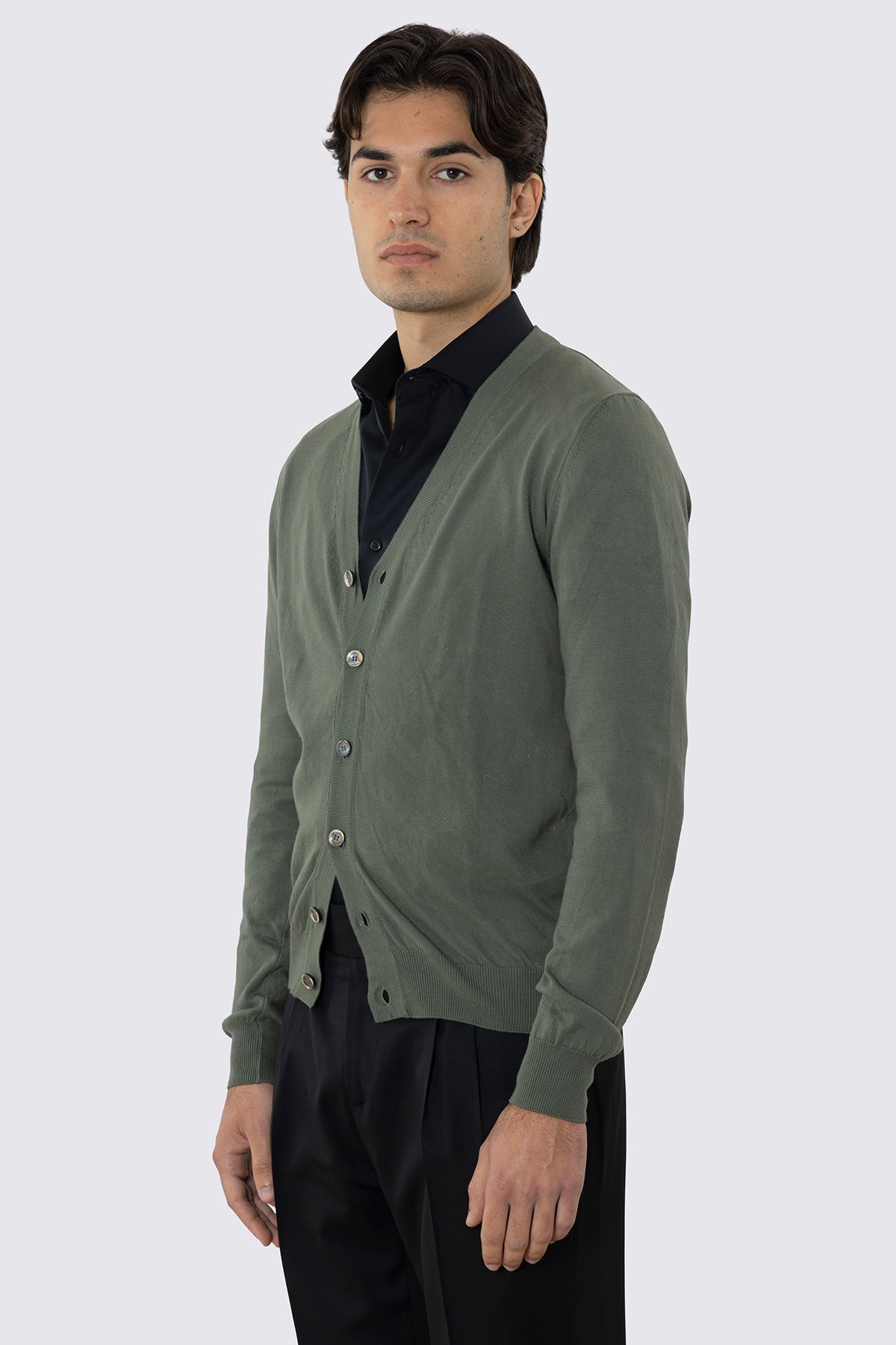 Cardigan da uomo Verde militare maniche lunghe 100% cotone di filo finezza 12 tinta unita