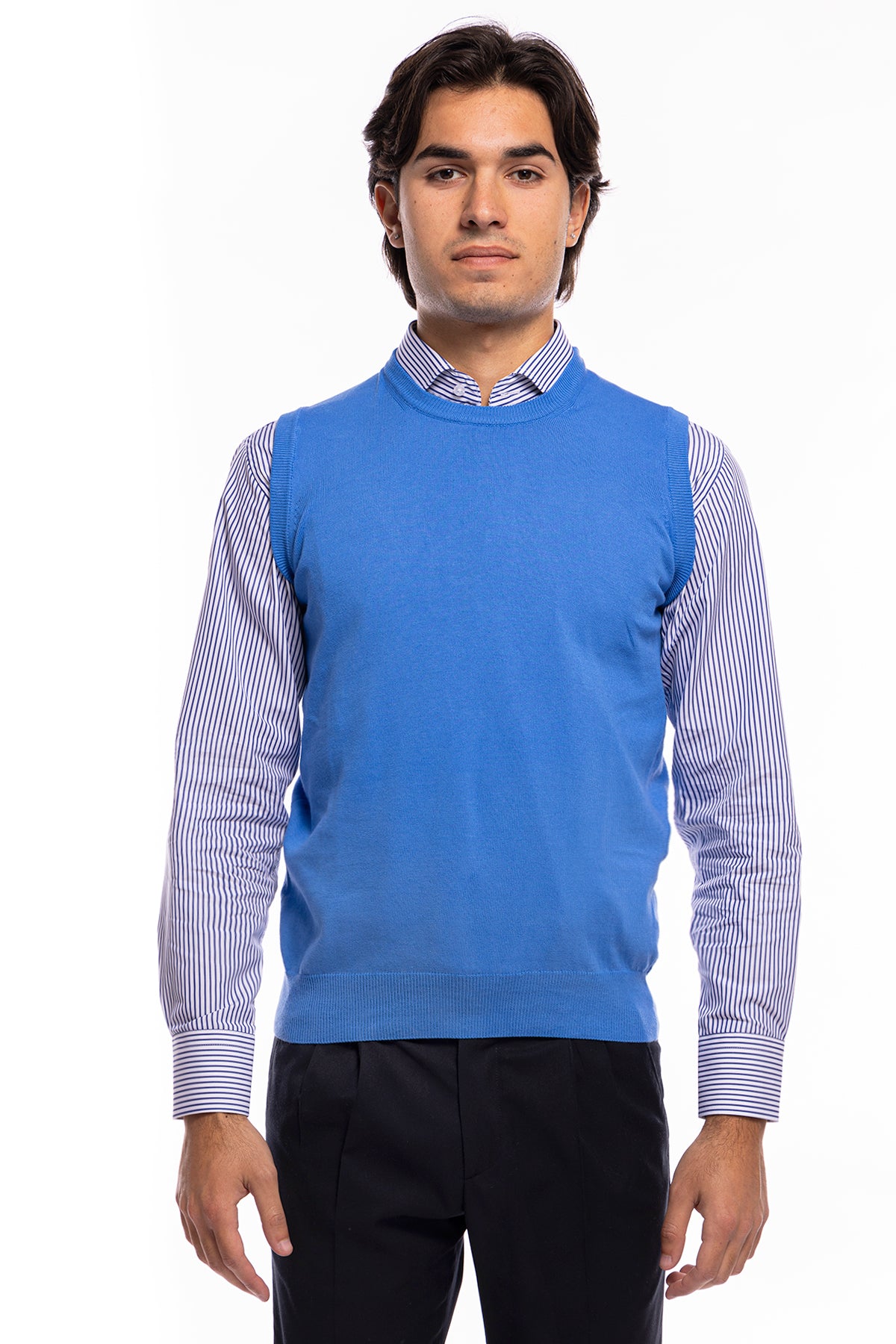 Gilet da uomo azzurro 100% cotone di filo finezza 12 tinta unita
