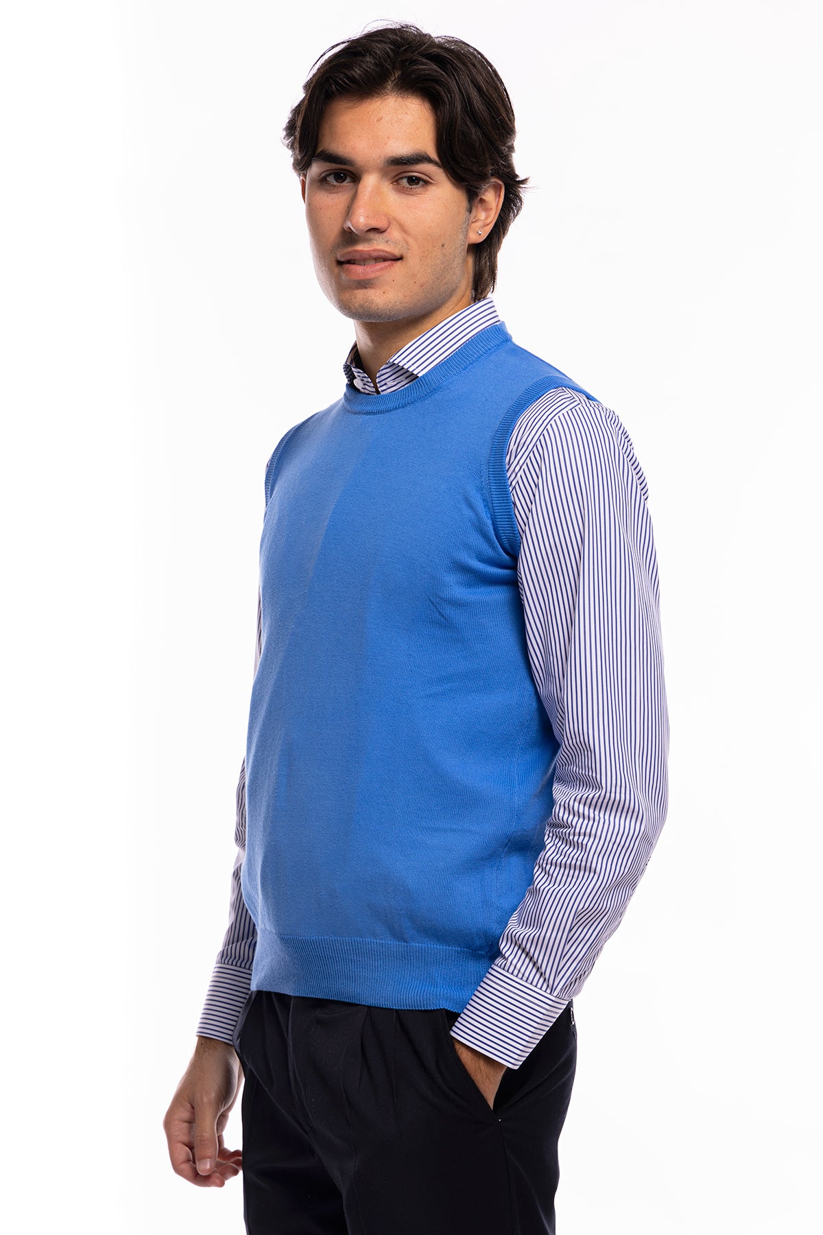 Gilet da uomo azzurro 100% cotone di filo finezza 12 tinta unita