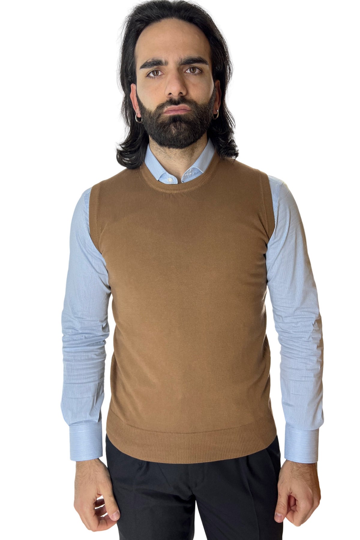 Gilet da uomo cammello 100% cotone di filo finezza 12 tinta unita