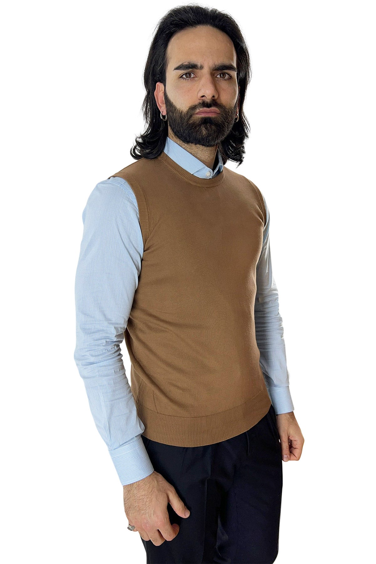 Gilet da uomo cammello 100% cotone di filo finezza 12 tinta unita