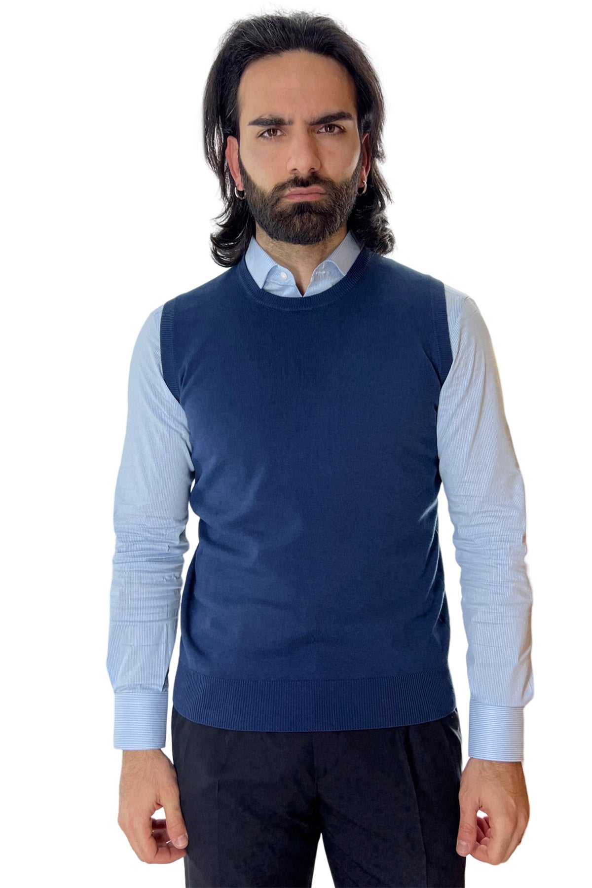 Gilet da uomo navy blu 100% cotone di filo finezza 12 tinta unita