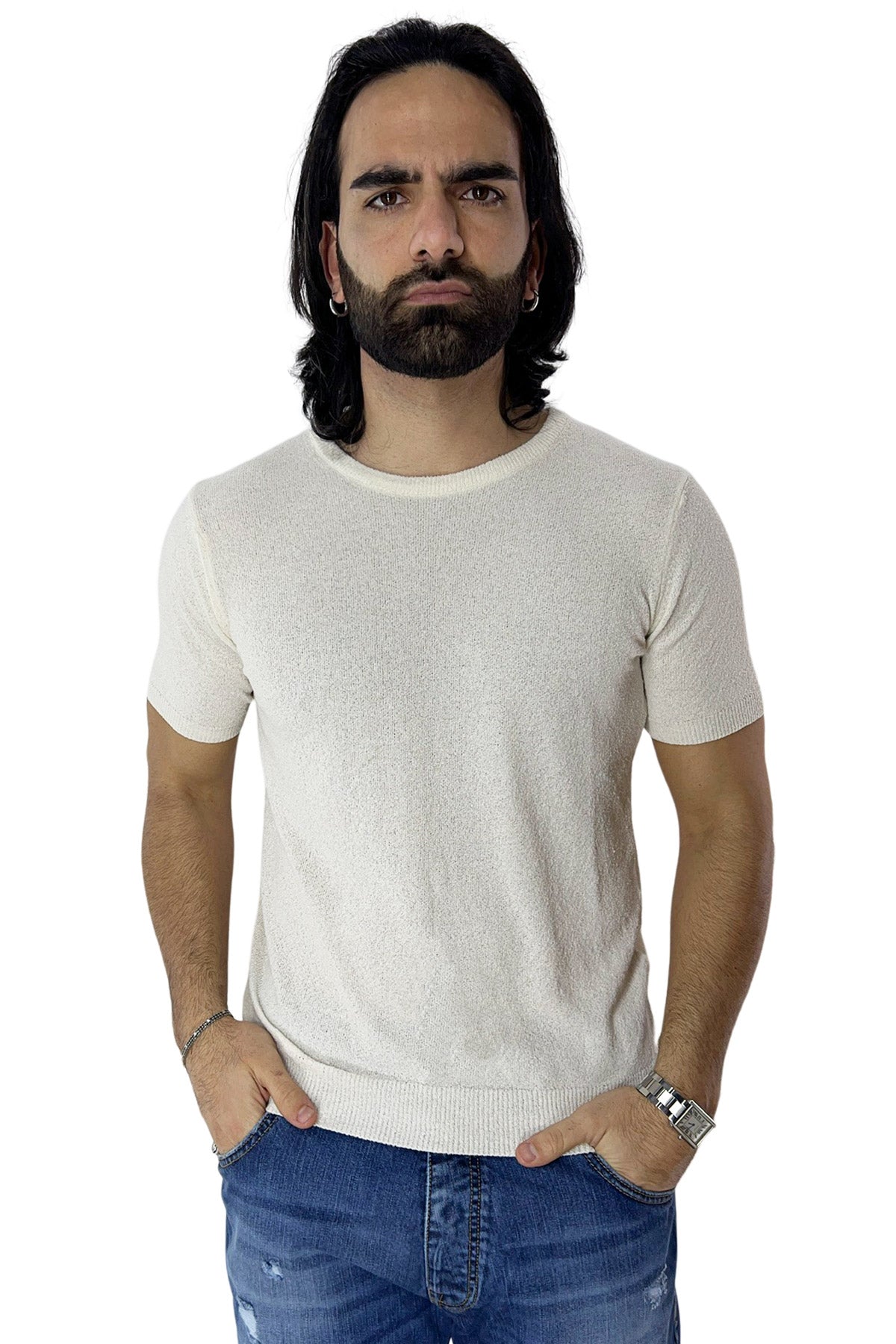 Maglioncino da uomo Bianco mezze maniche 100% cotone effetto spugna  tinta unita