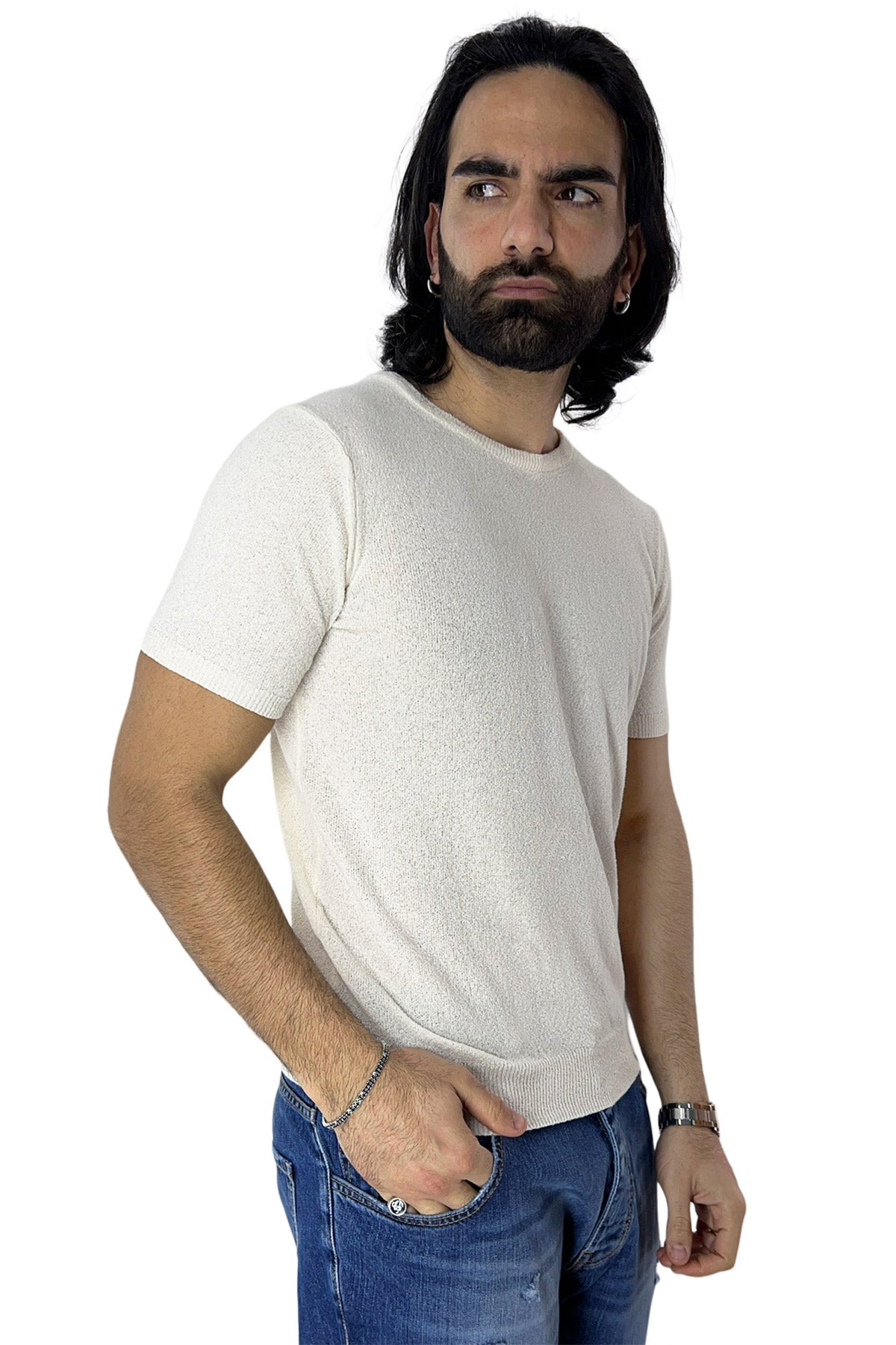 Maglioncino da uomo Bianco mezze maniche 100% cotone effetto spugna  tinta unita