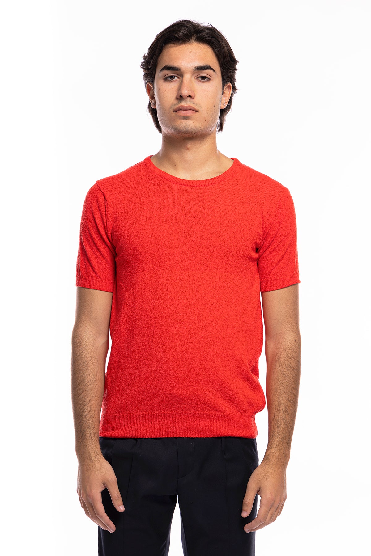Maglioncino da uomo Rosso mezze maniche 100% cotone effetto spugna  tinta unita