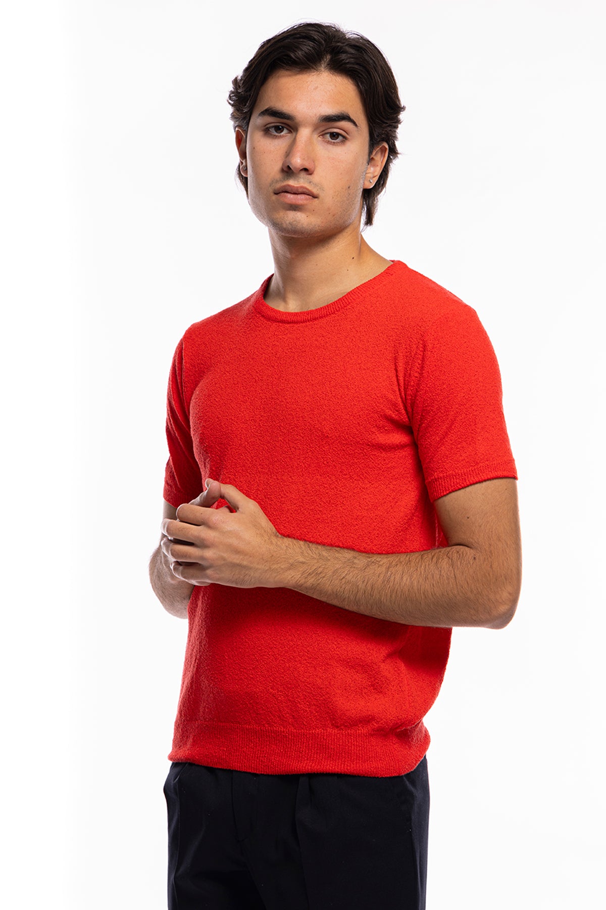 Maglioncino da uomo Rosso mezze maniche 100% cotone effetto spugna  tinta unita