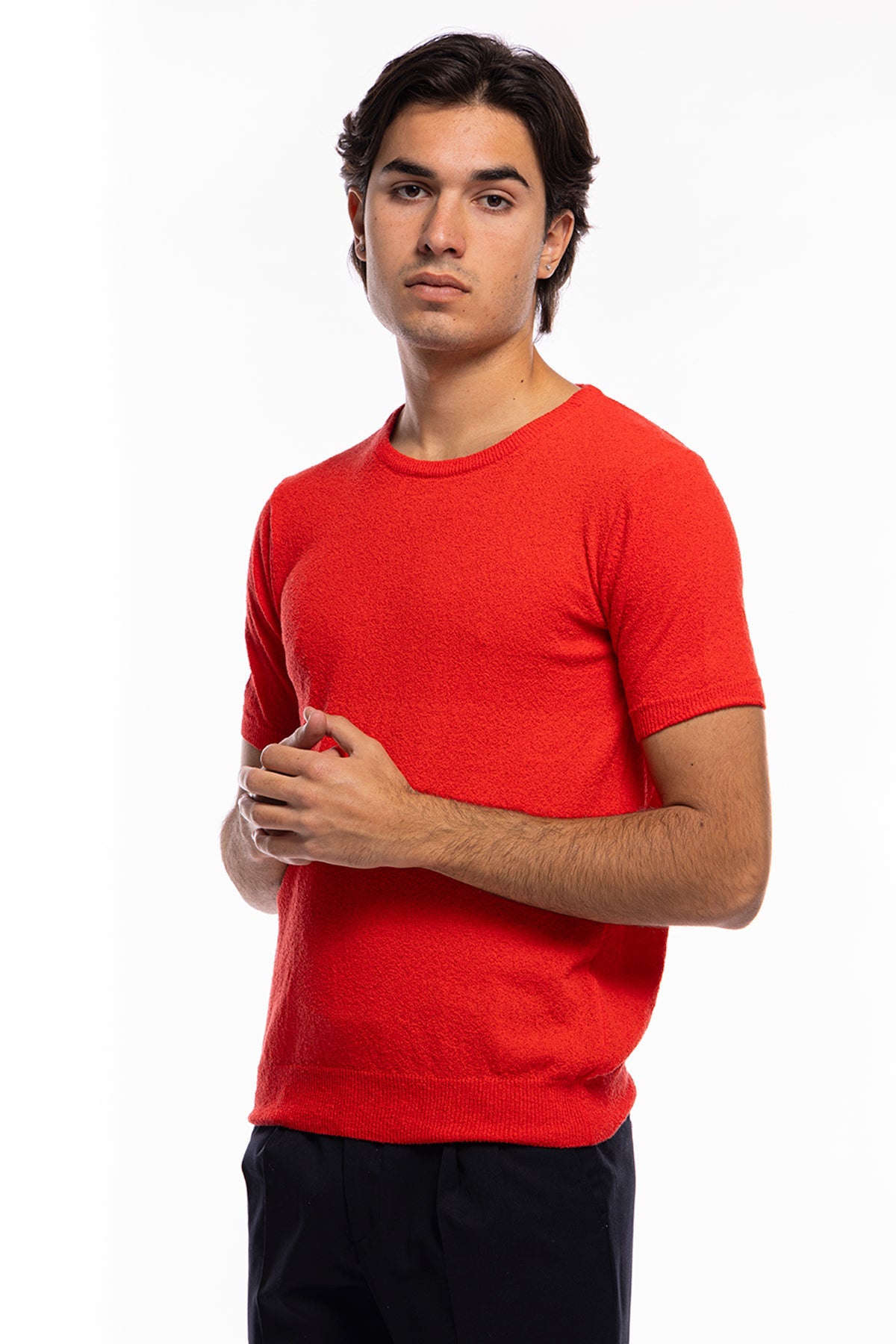 Maglioncino da uomo Rosso mezze maniche 100% cotone effetto spugna  tinta unita