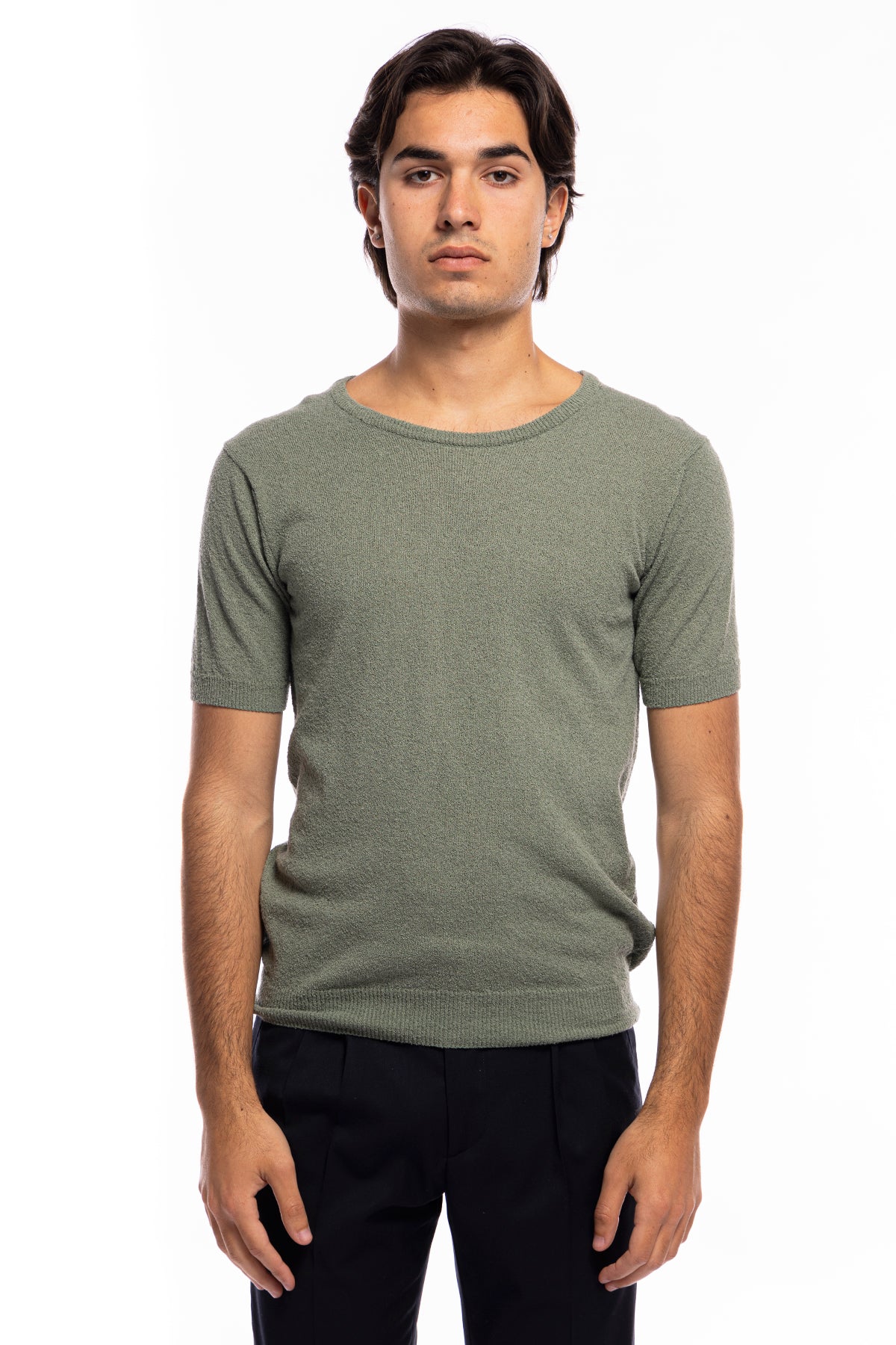 Maglioncino da uomo Verde militare mezze maniche 100% cotone effetto spugna  tinta unita