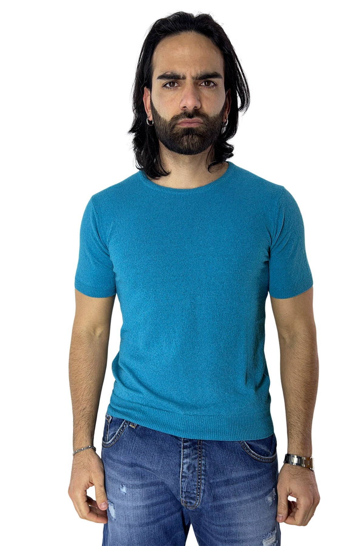 Maglioncino da uomo Azzurro mezze maniche 100% cotone effetto spugna  tinta unita