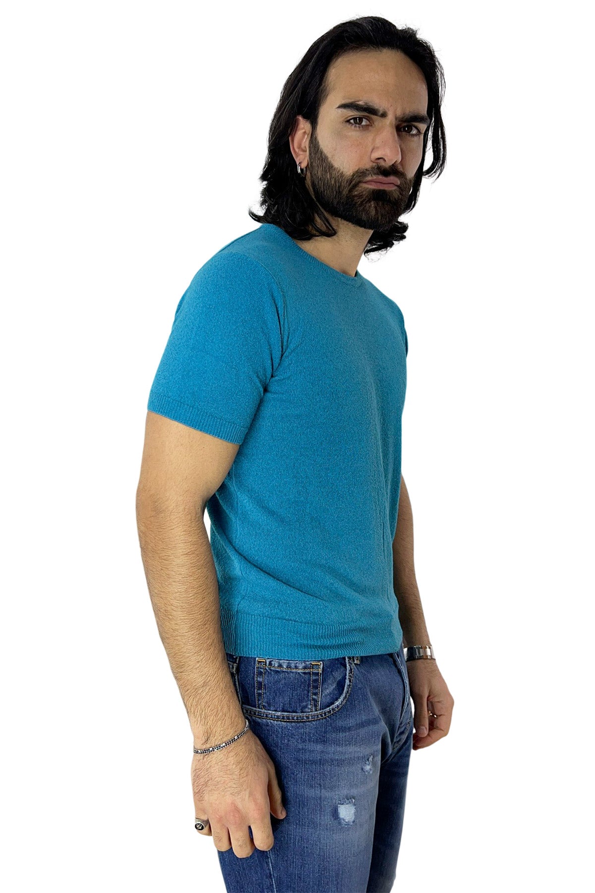 Maglioncino da uomo Azzurro mezze maniche 100% cotone effetto spugna  tinta unita