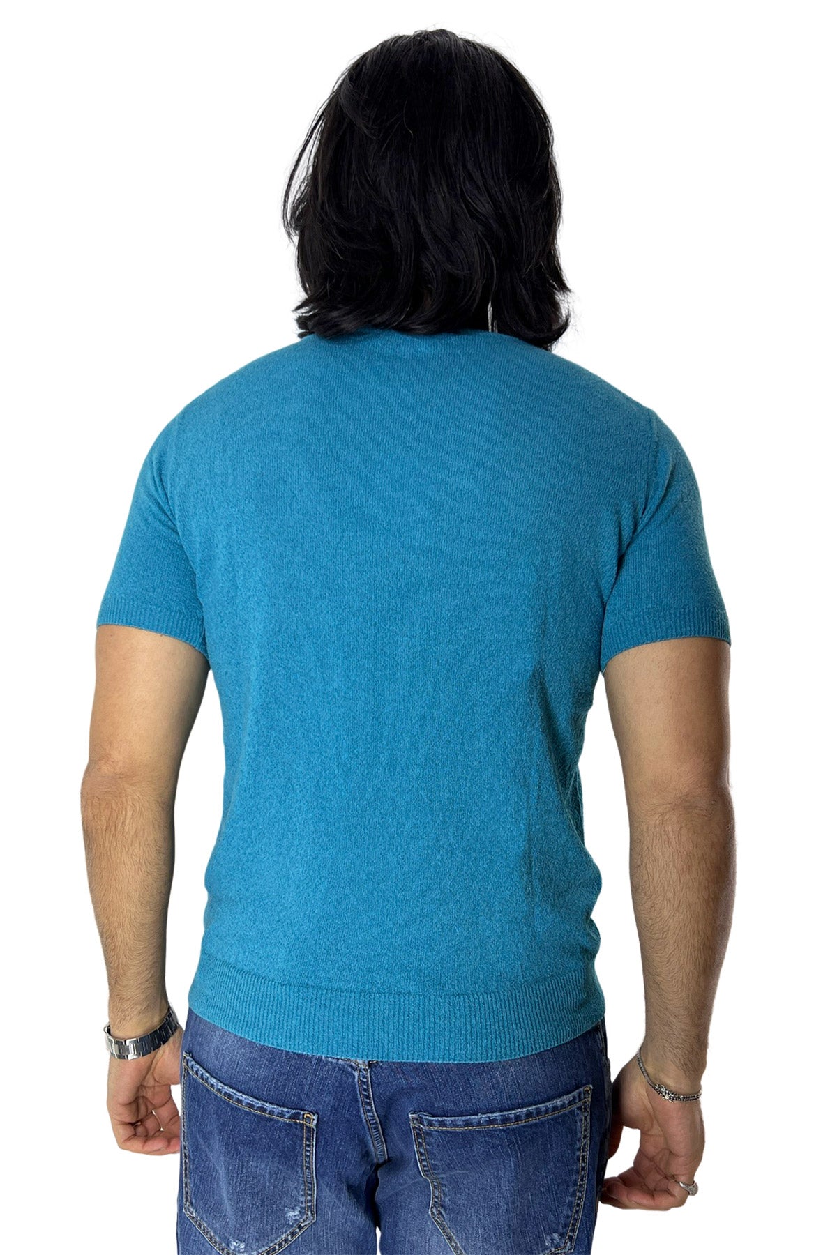 Maglioncino da uomo Azzurro mezze maniche 100% cotone effetto spugna  tinta unita