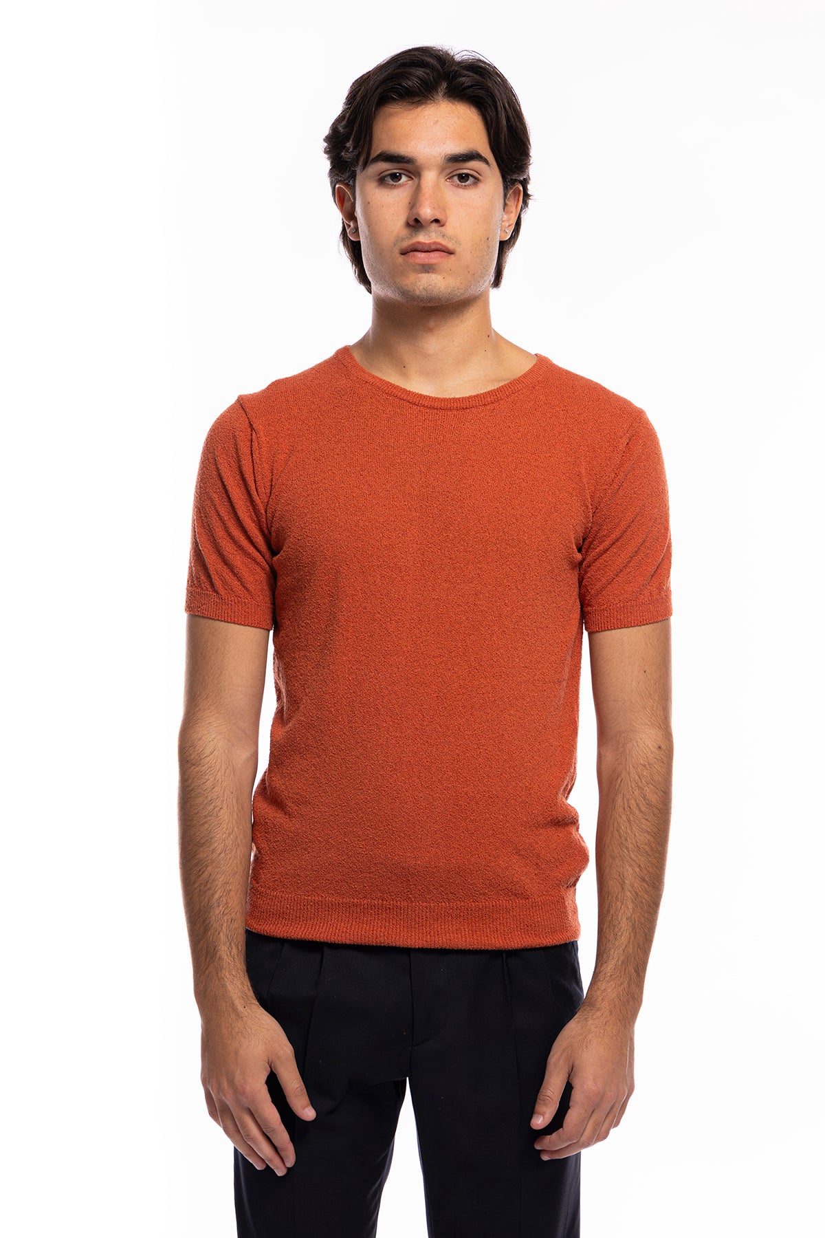 Maglioncino da uomo Arancio mezze maniche 100% cotone effetto spugna  tinta unita