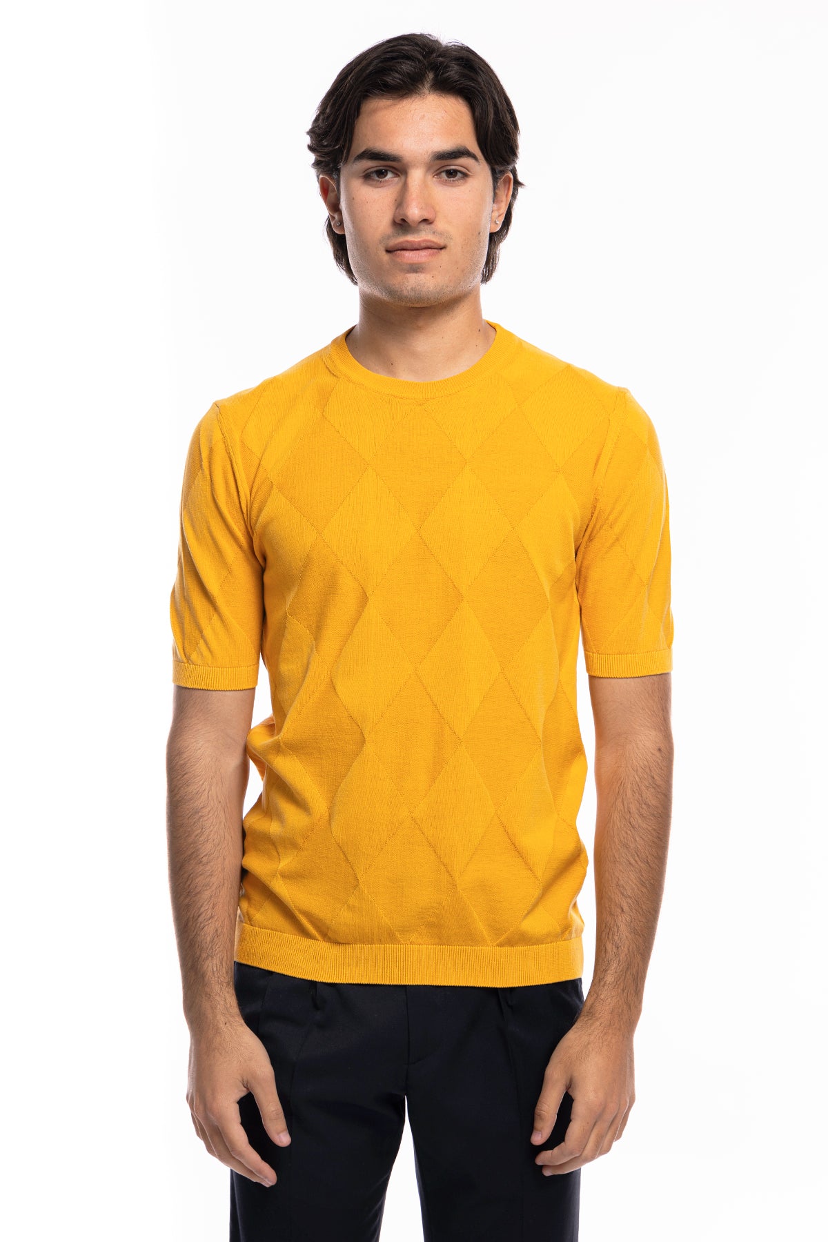 Maglioncino da uomo Giallo mezze maniche 100% cotone di filo finezza 14 trama rombi tono su tono