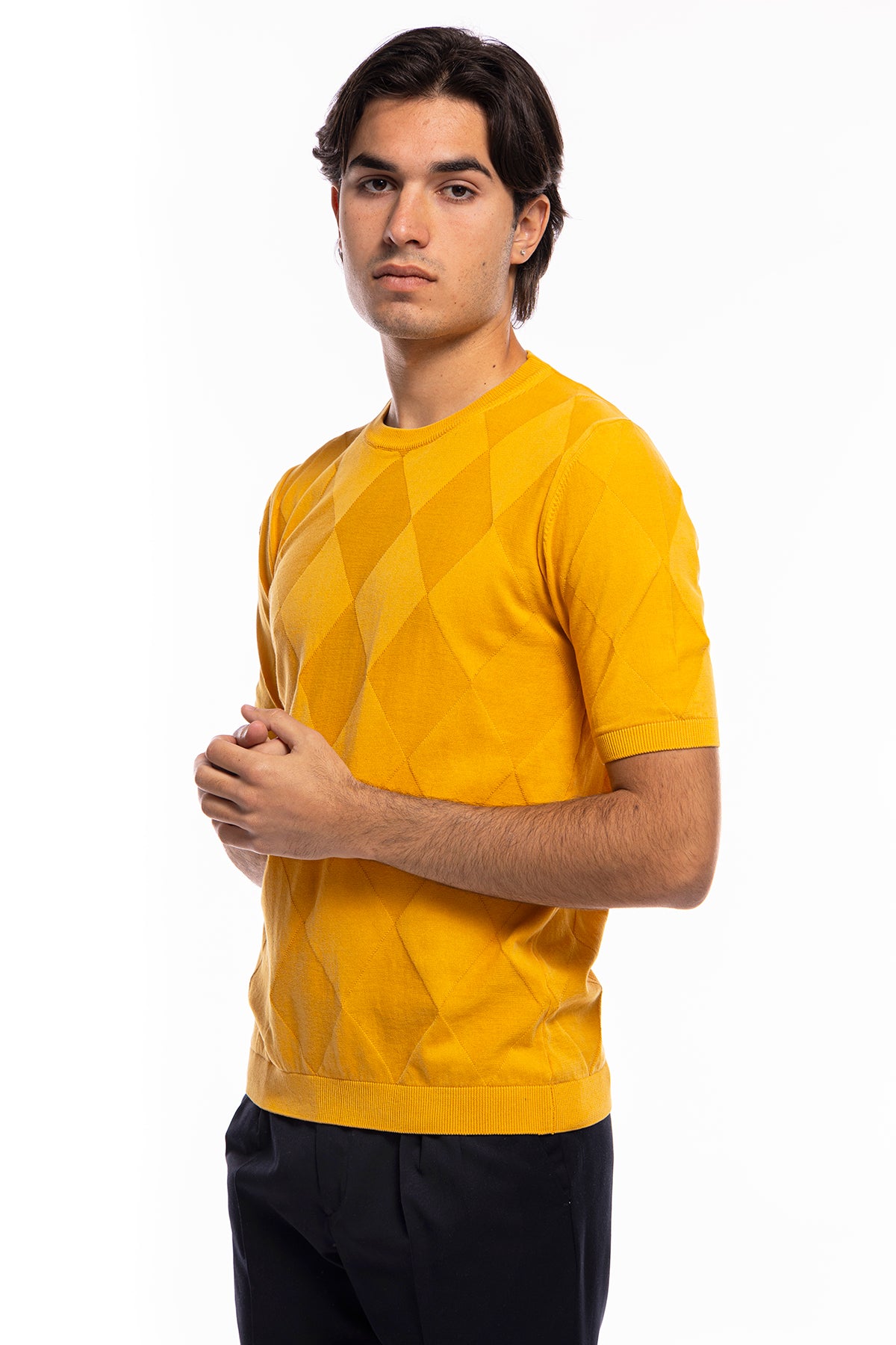 Maglioncino da uomo Giallo mezze maniche 100% cotone di filo finezza 14 trama rombi tono su tono