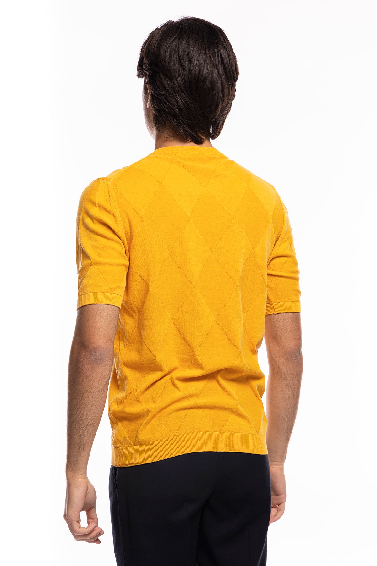 Maglioncino da uomo Giallo mezze maniche 100% cotone di filo finezza 14 trama rombi tono su tono