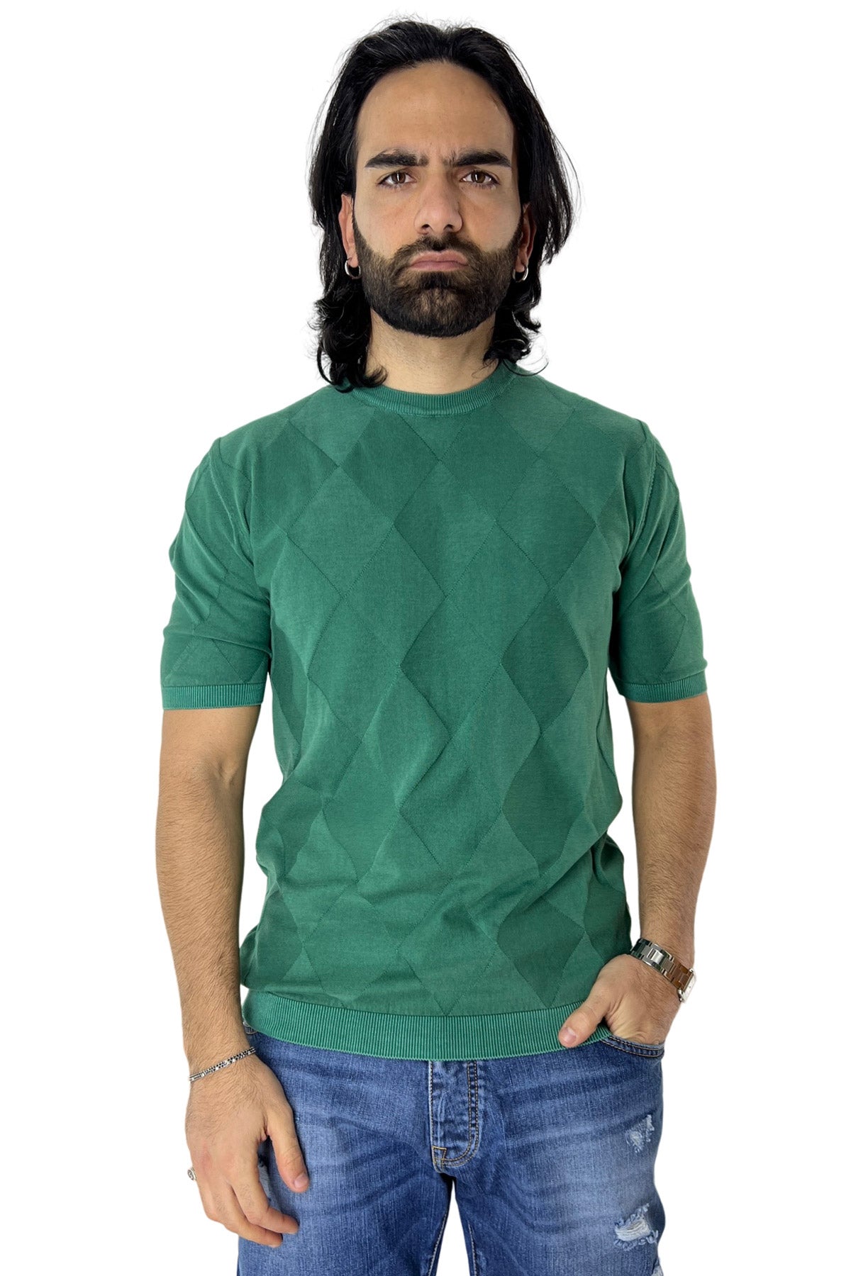 Maglioncino da uomo Verde mezze maniche 100% cotone di filo finezza 14 trama rombi tono su tono