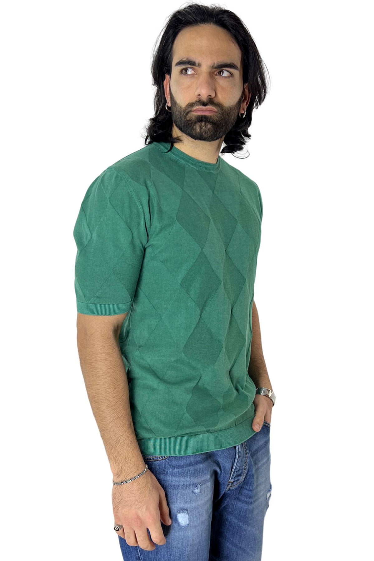Maglioncino da uomo Verde mezze maniche 100% cotone di filo finezza 14 trama rombi tono su tono