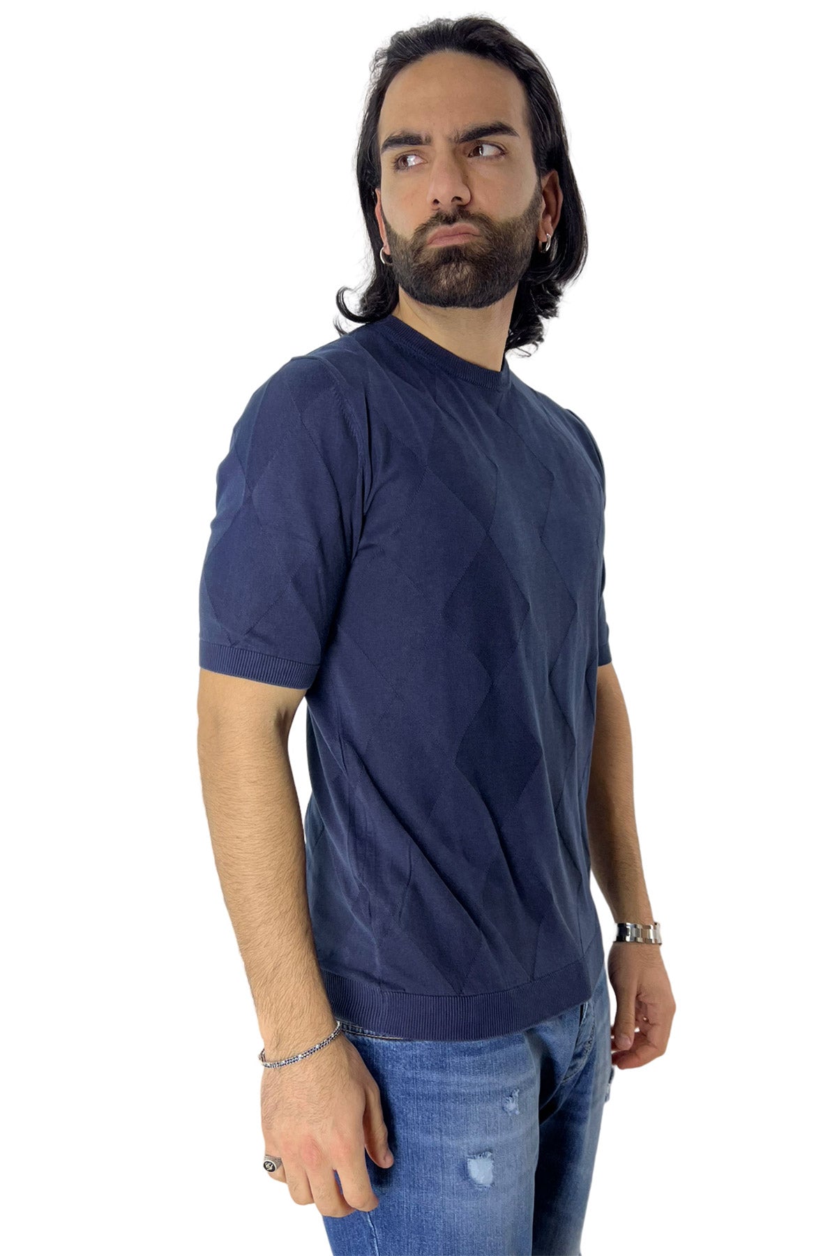Maglioncino da uomo Blu mezze maniche 100% cotone di filo finezza 14 trama rombi tono su tono