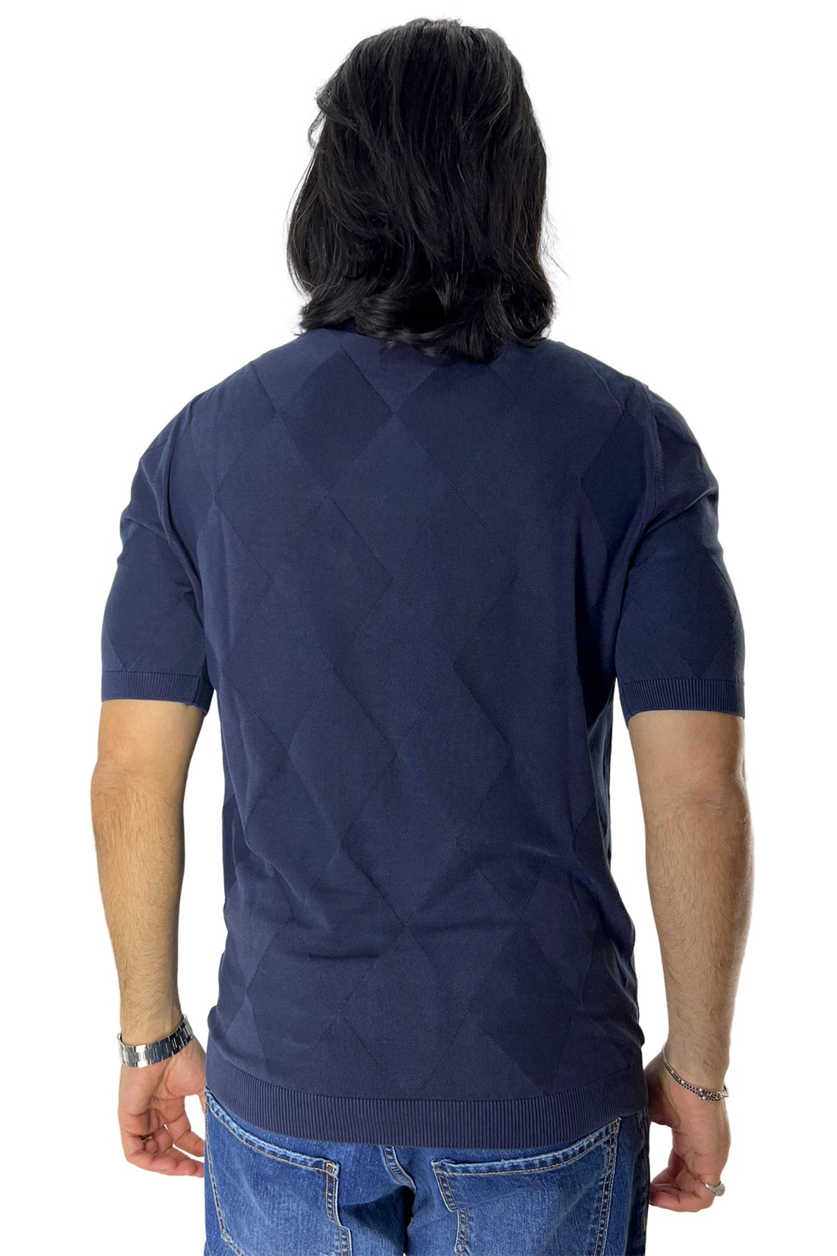 Maglioncino da uomo Blu mezze maniche 100% cotone di filo finezza 14 trama rombi tono su tono